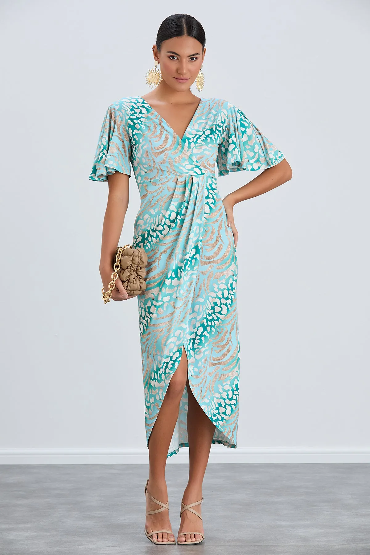 Flirty Flutter Sleeve Wrap Midi Dress in Mint Animal Print