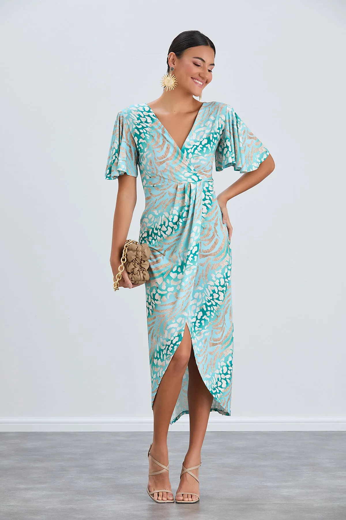 Flirty Flutter Sleeve Wrap Midi Dress in Mint Animal Print