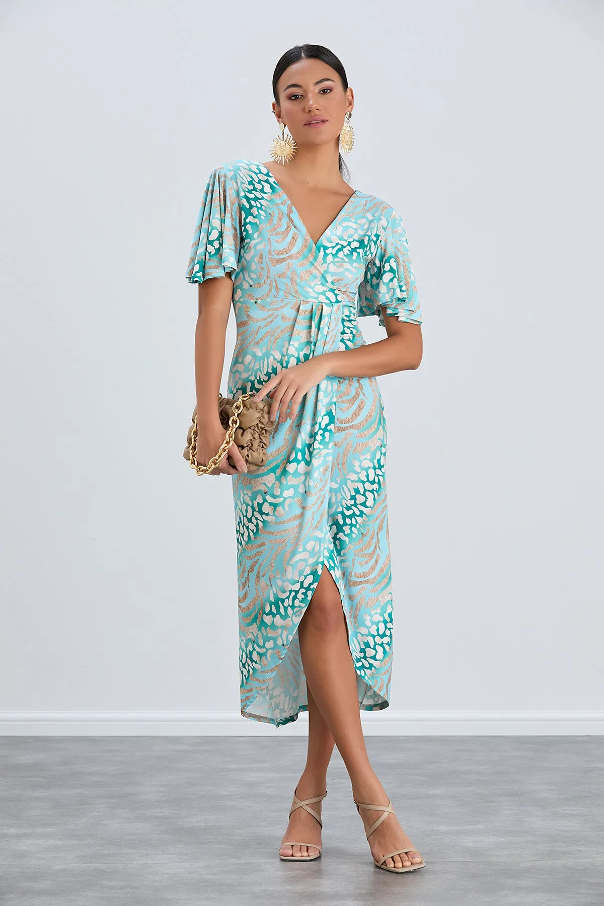Flirty Flutter Sleeve Wrap Midi Dress in Mint Animal Print