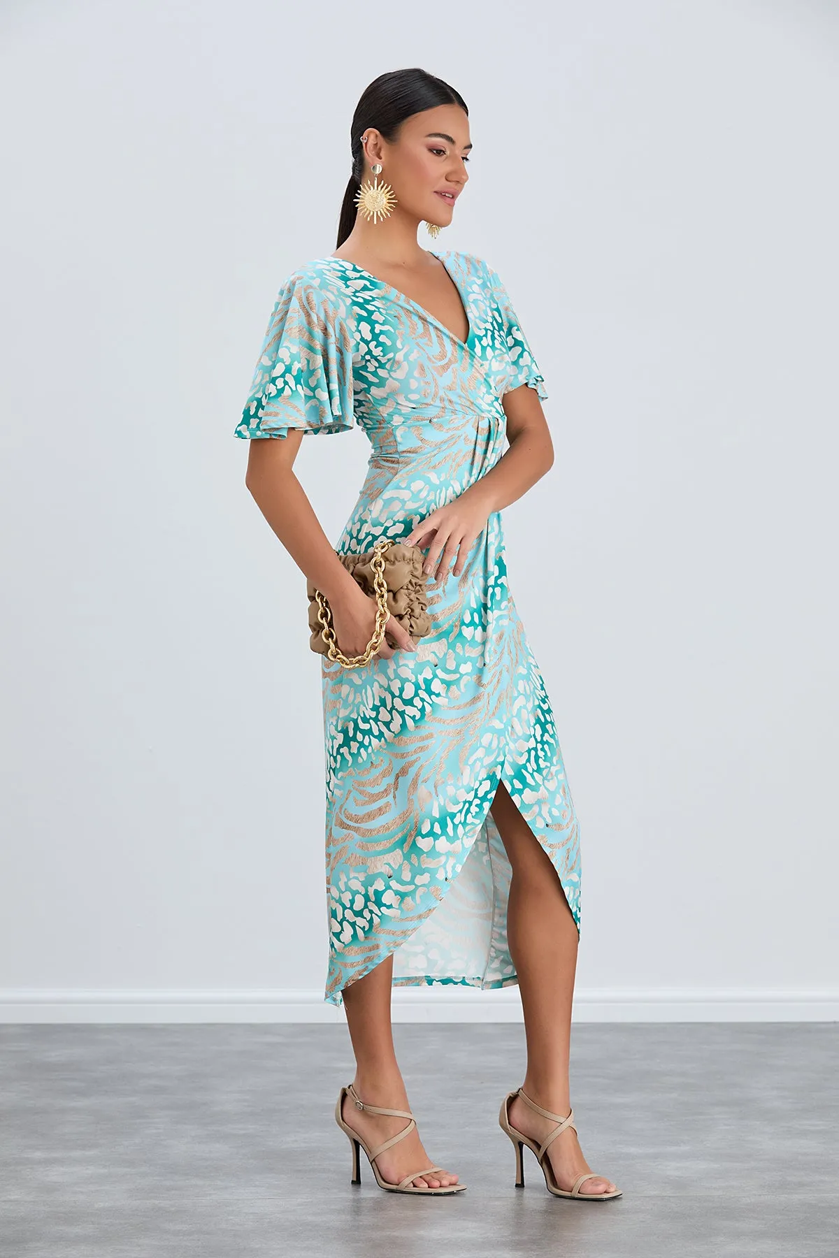 Flirty Flutter Sleeve Wrap Midi Dress in Mint Animal Print