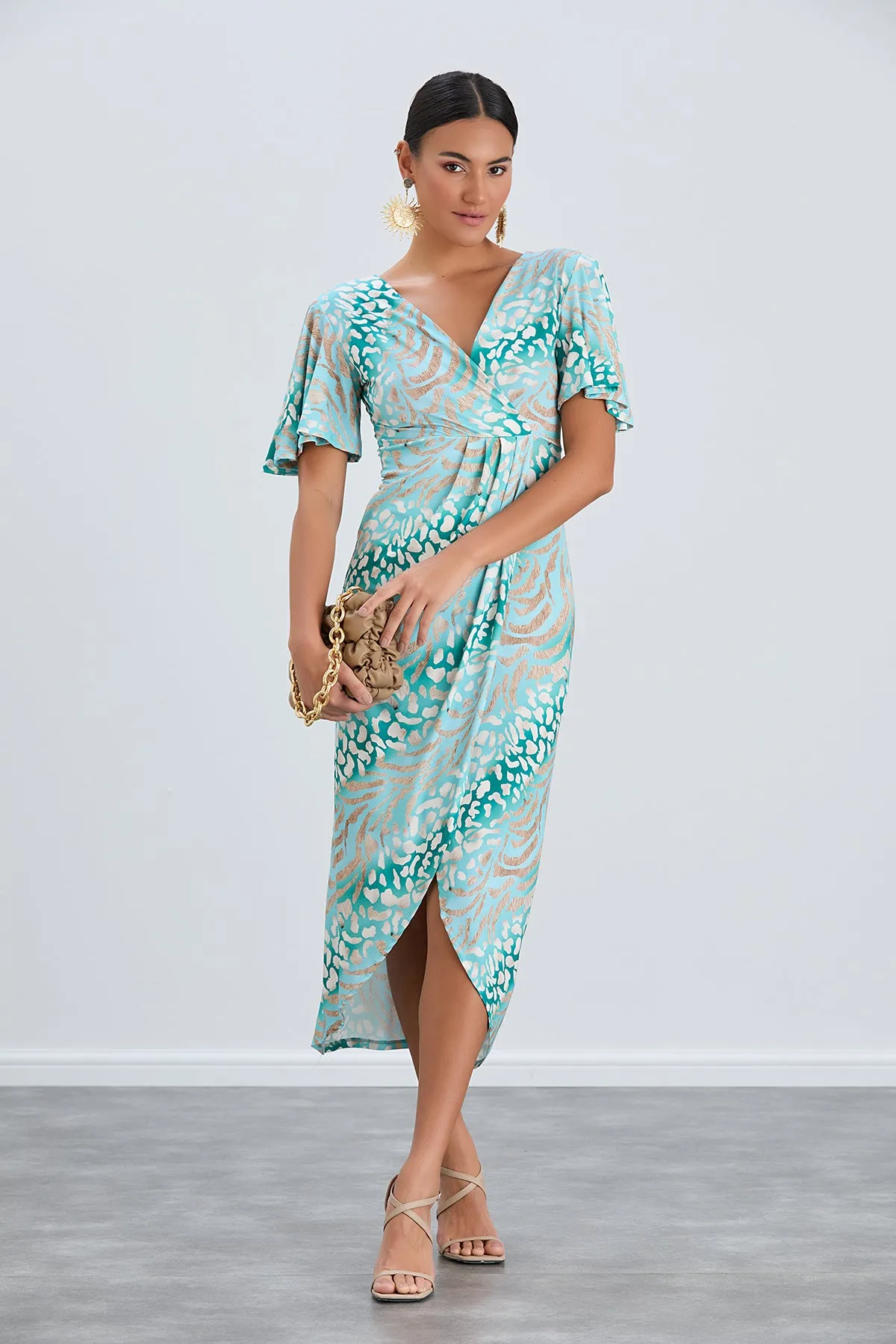 Flirty Flutter Sleeve Wrap Midi Dress in Mint Animal Print