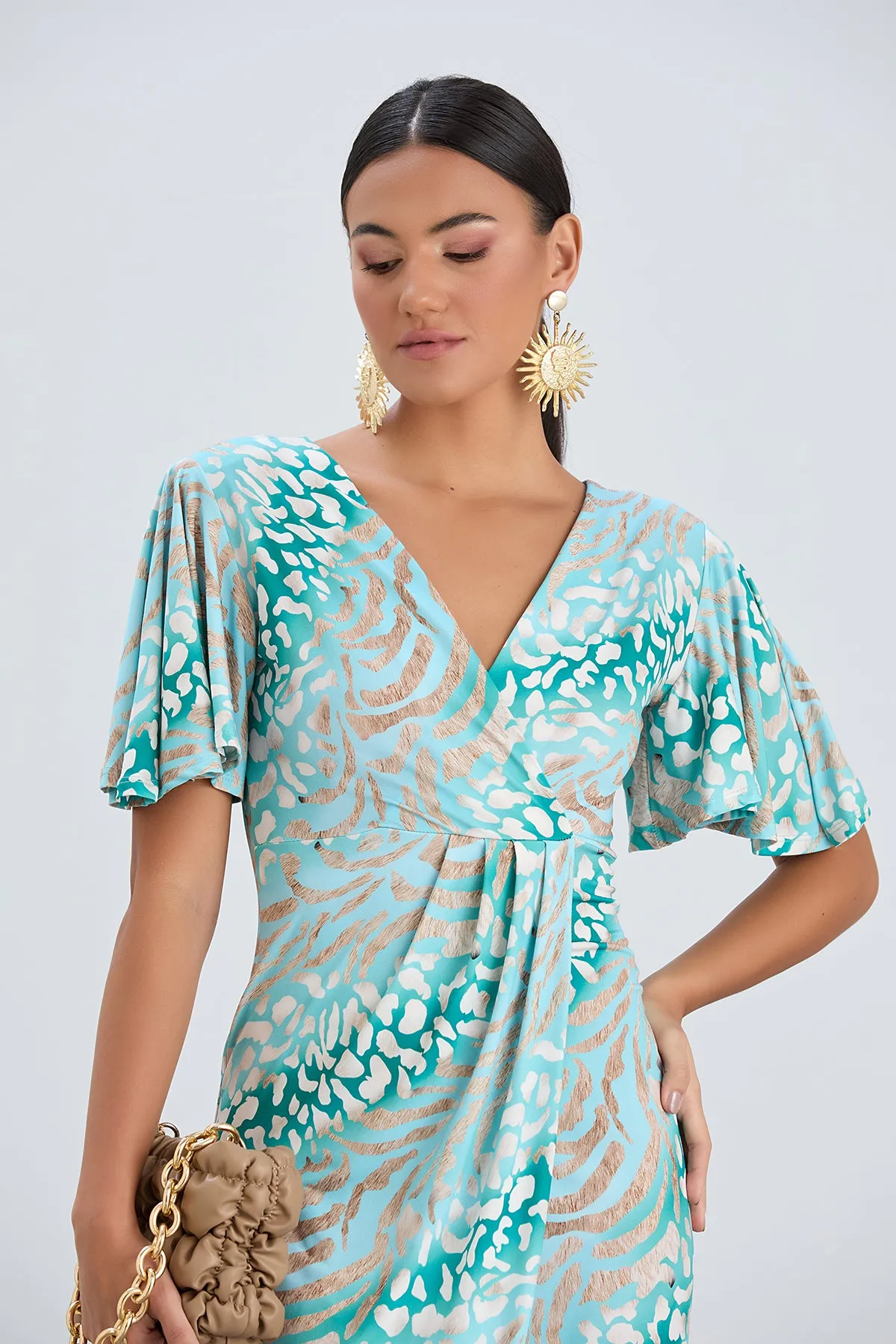 Flirty Flutter Sleeve Wrap Midi Dress in Mint Animal Print