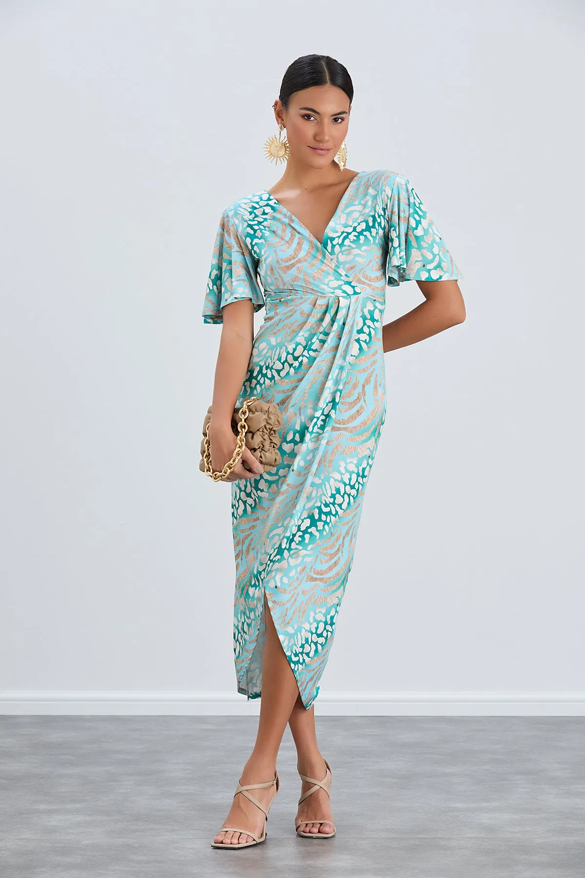 Flirty Flutter Sleeve Wrap Midi Dress in Mint Animal Print