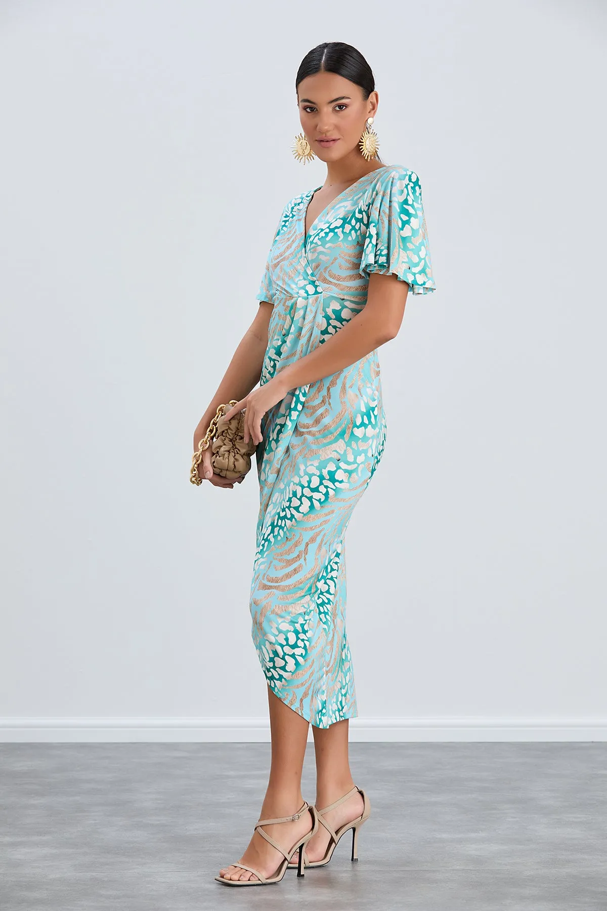 Flirty Flutter Sleeve Wrap Midi Dress in Mint Animal Print