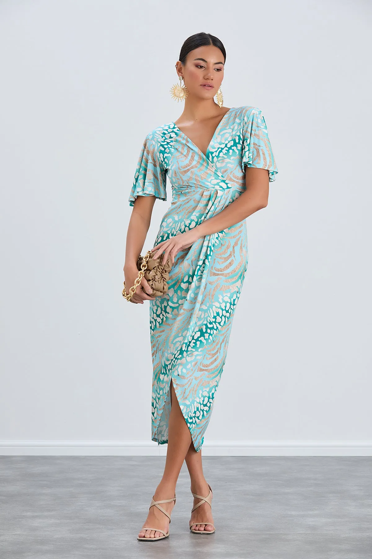 Flirty Flutter Sleeve Wrap Midi Dress in Mint Animal Print