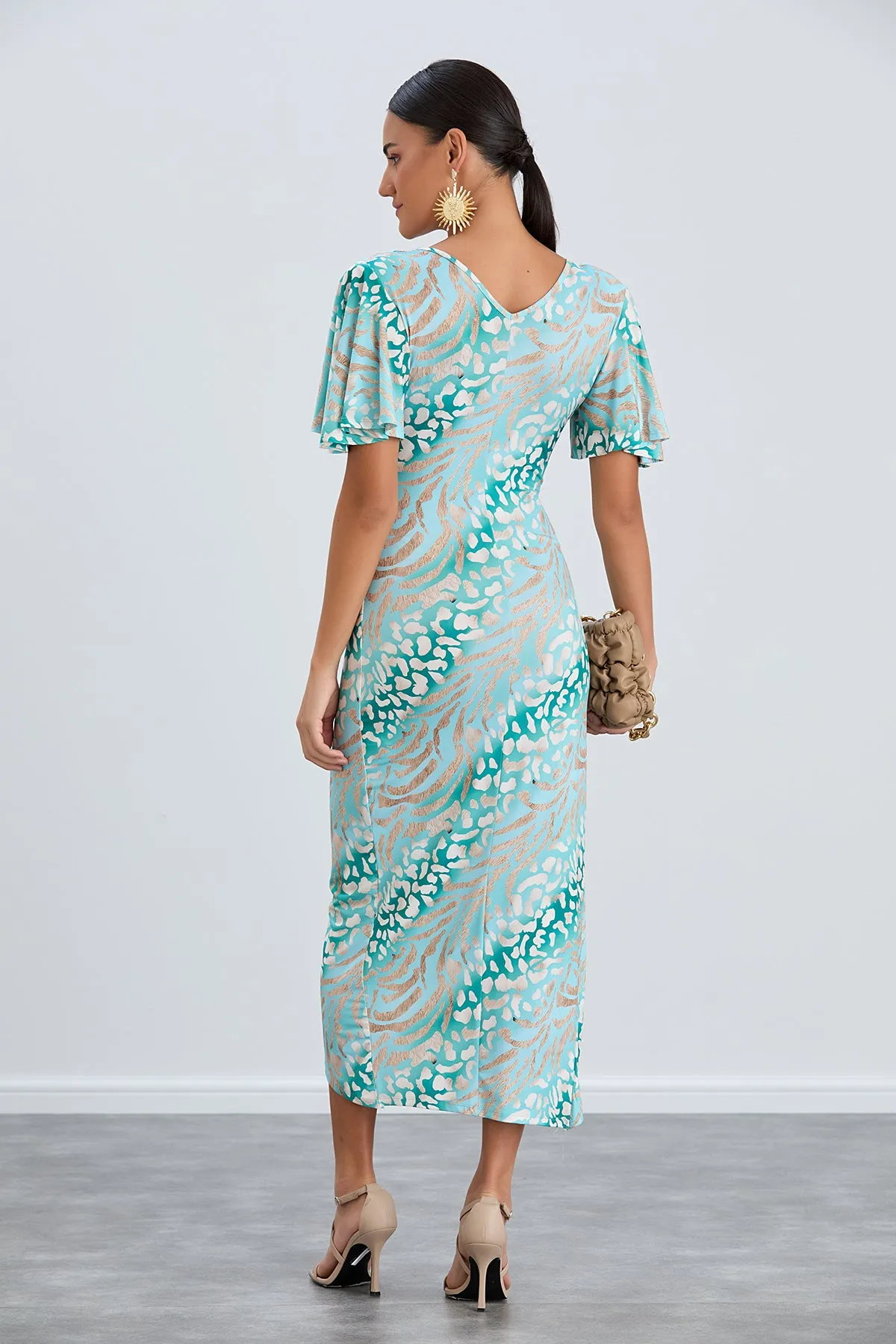 Flirty Flutter Sleeve Wrap Midi Dress in Mint Animal Print