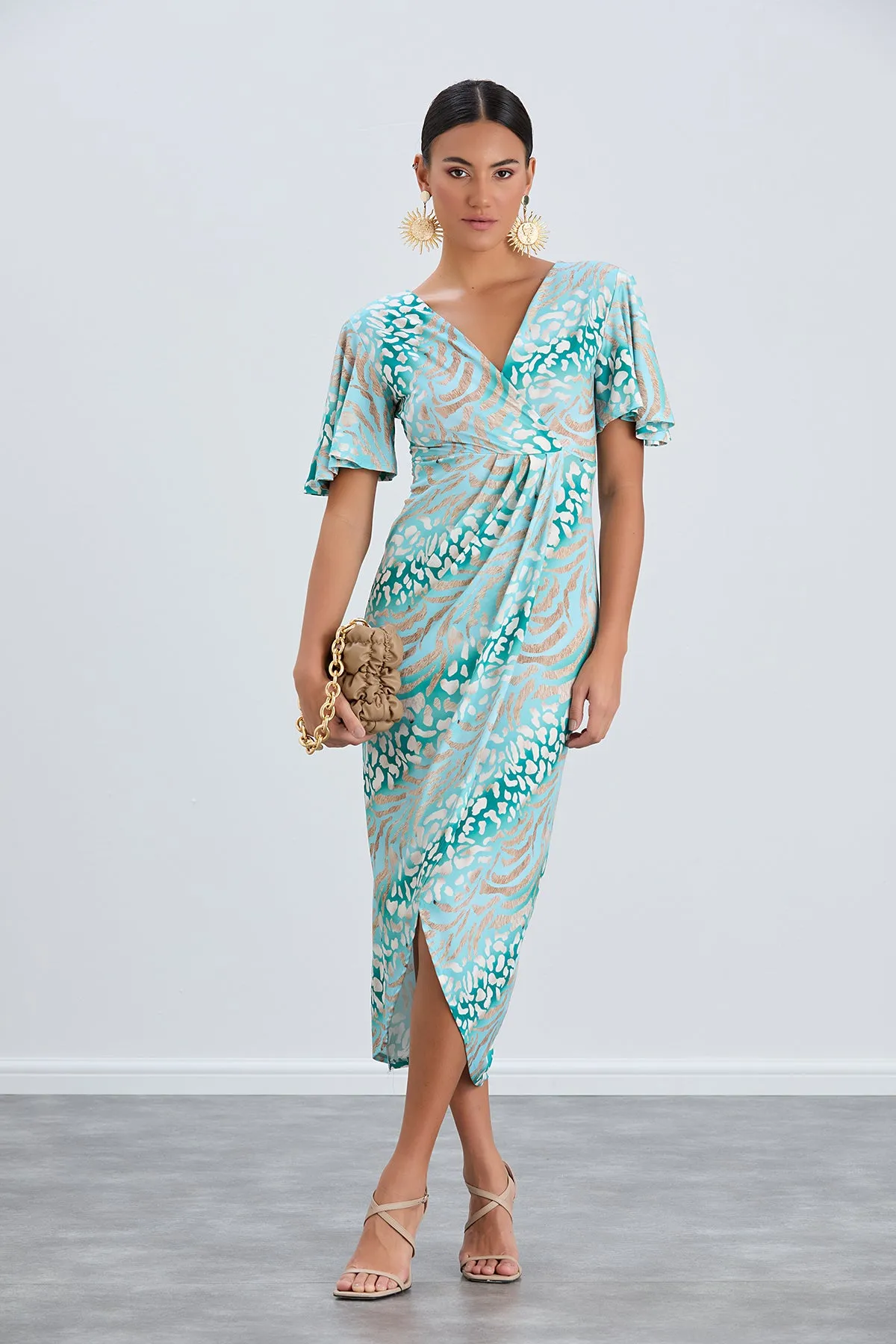 Flirty Flutter Sleeve Wrap Midi Dress in Mint Animal Print