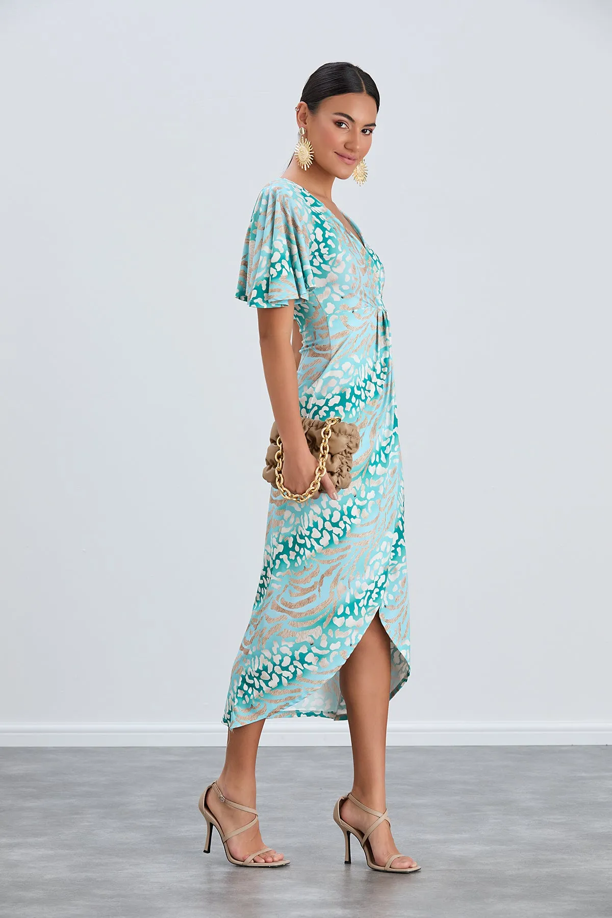 Flirty Flutter Sleeve Wrap Midi Dress in Mint Animal Print