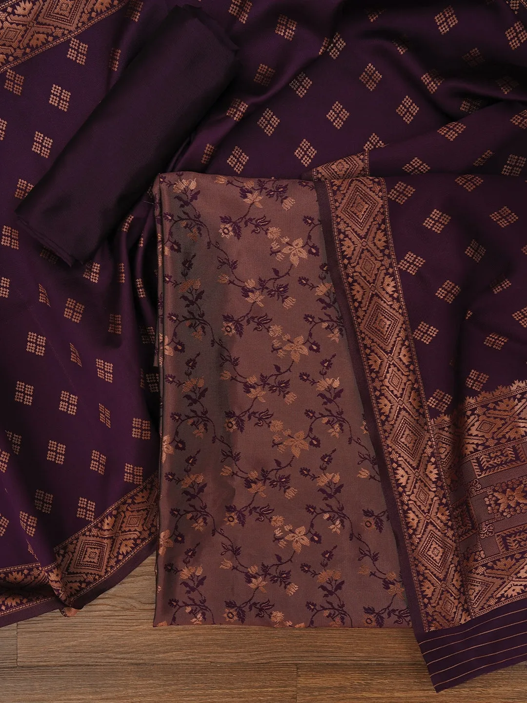 Floral Silk Zari Woven Red Dress Material with Dupatta