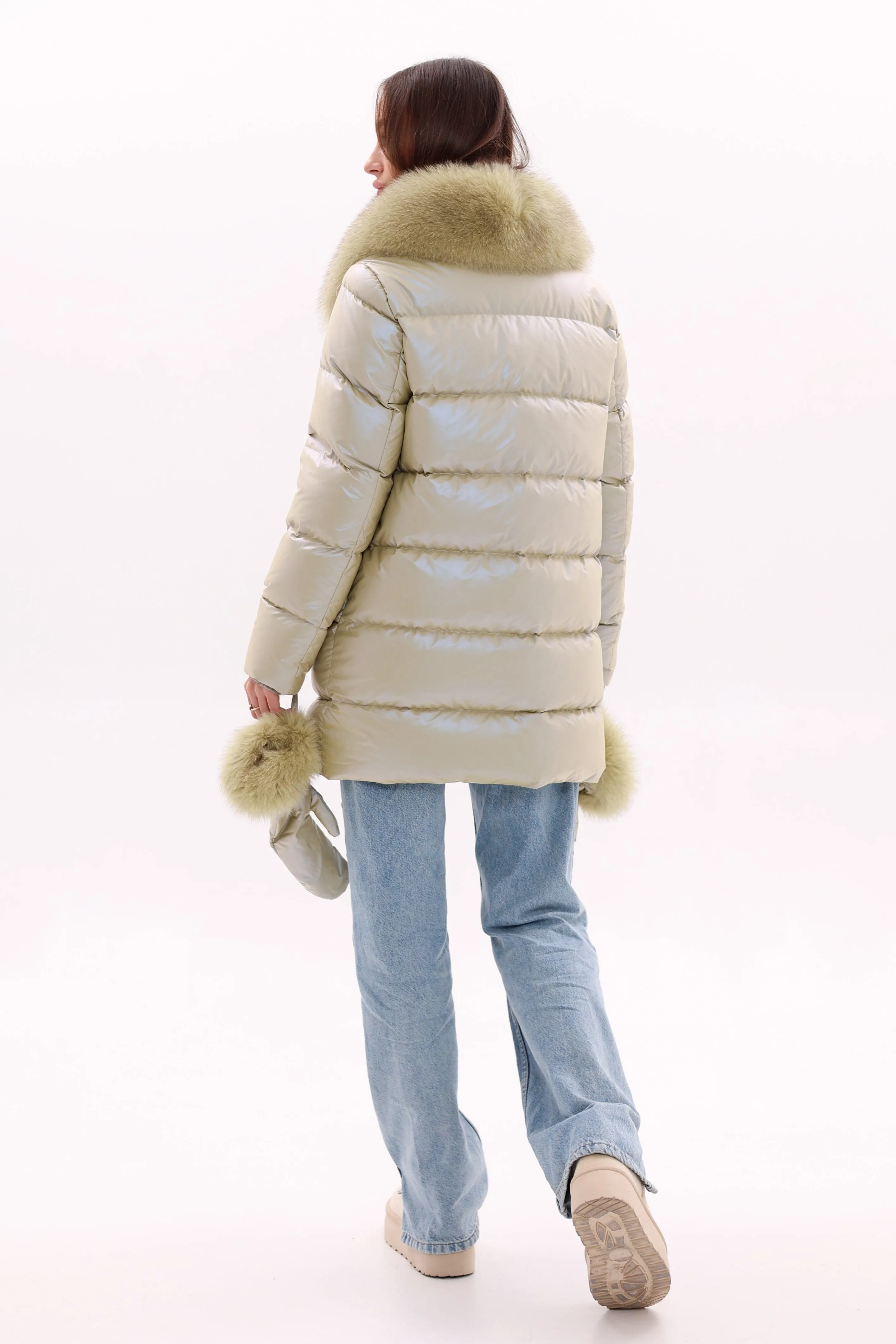 Genuine Fox Fur Down Coat with Fur Trim Mittens