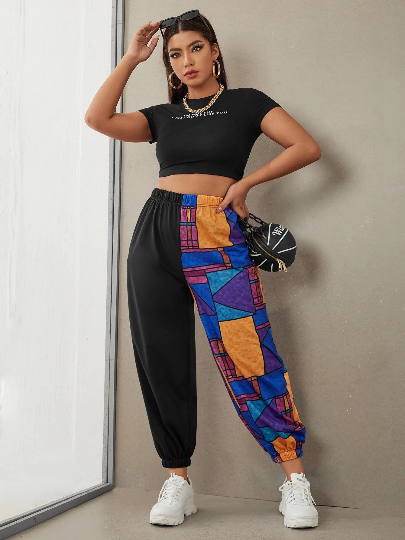 Geometric High Waist Cropped Plus Size Sweatpants