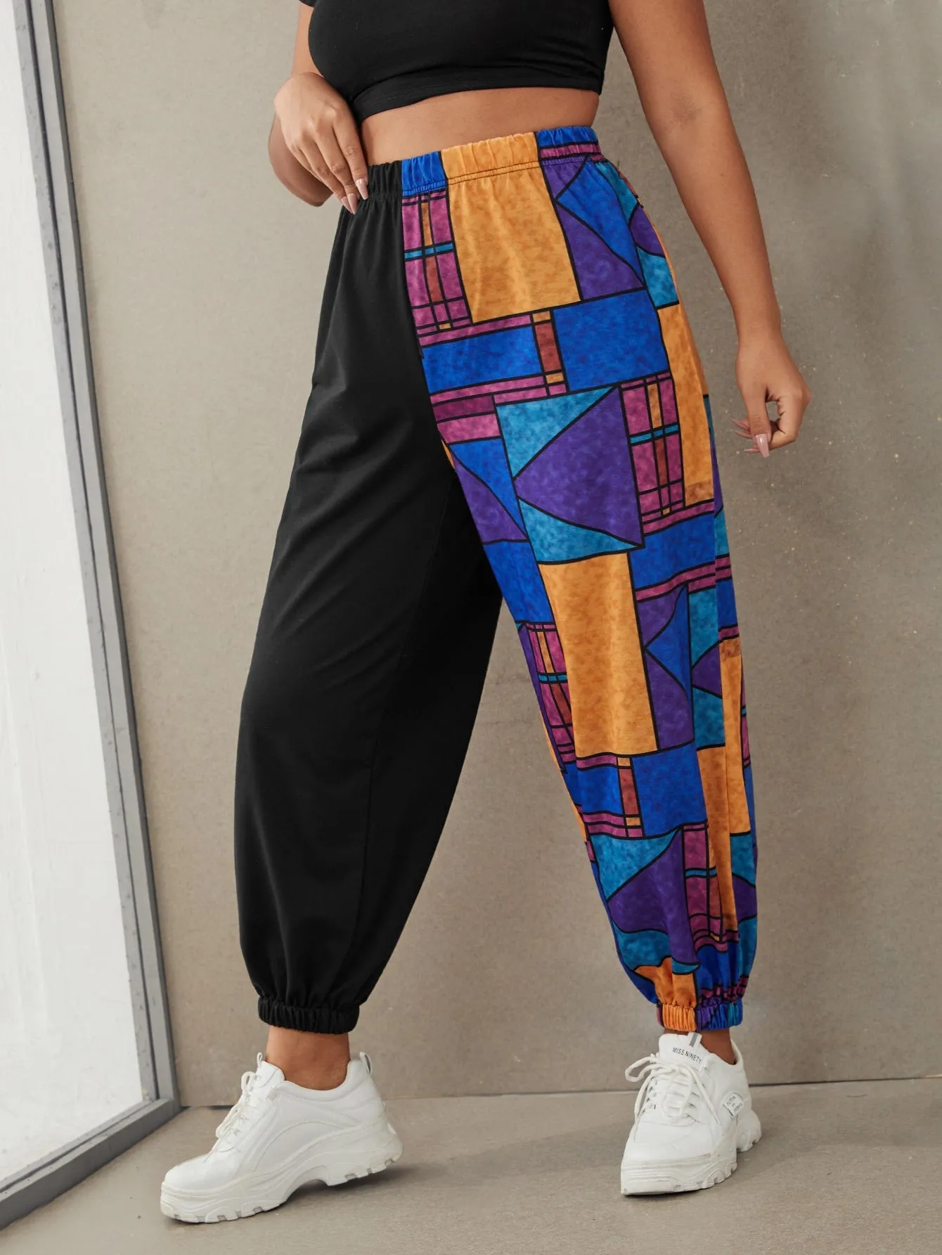 Geometric High Waist Cropped Plus Size Sweatpants
