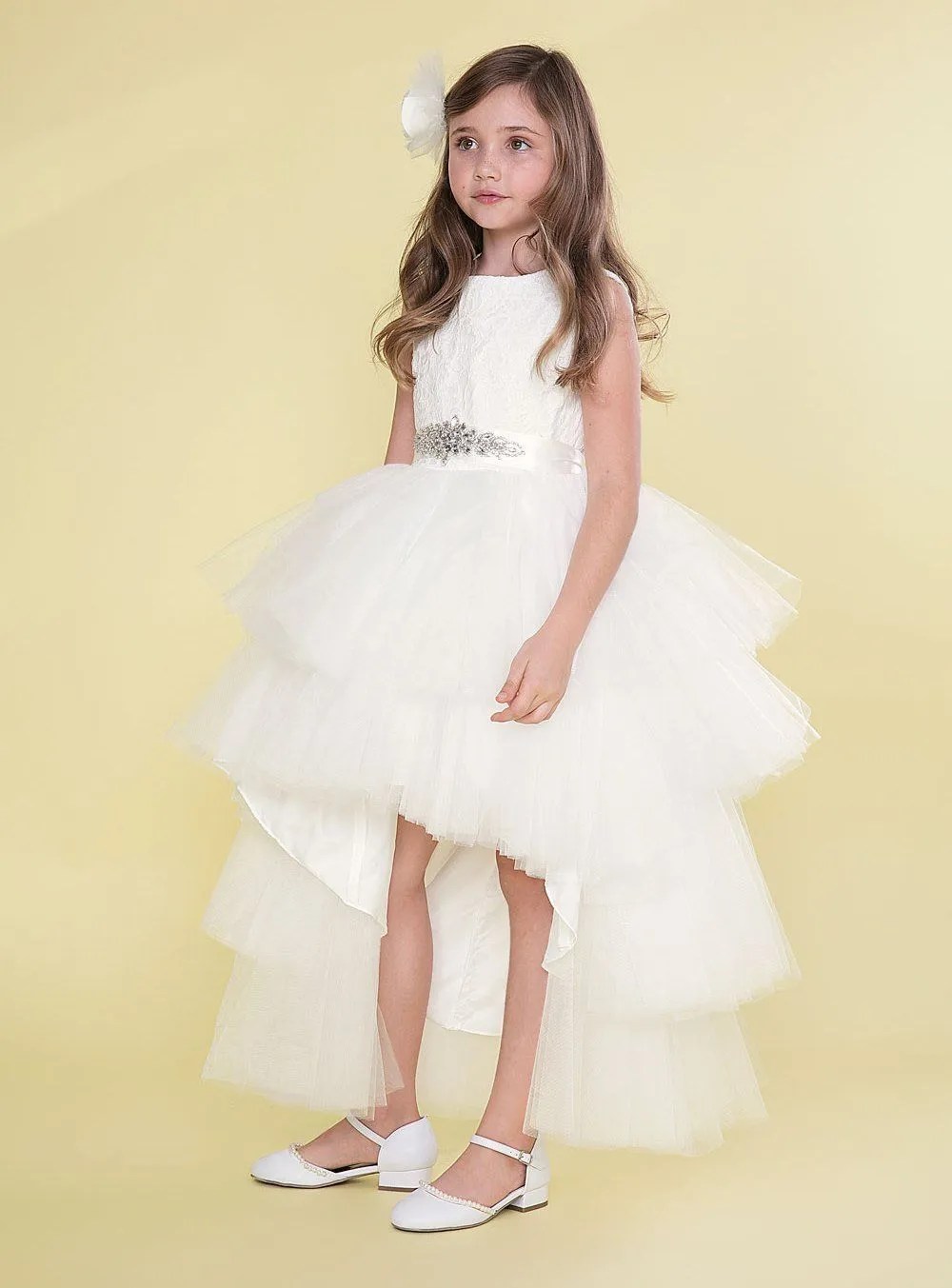 Girls Layered High Low Dress with Lace Bodice by Calla D825