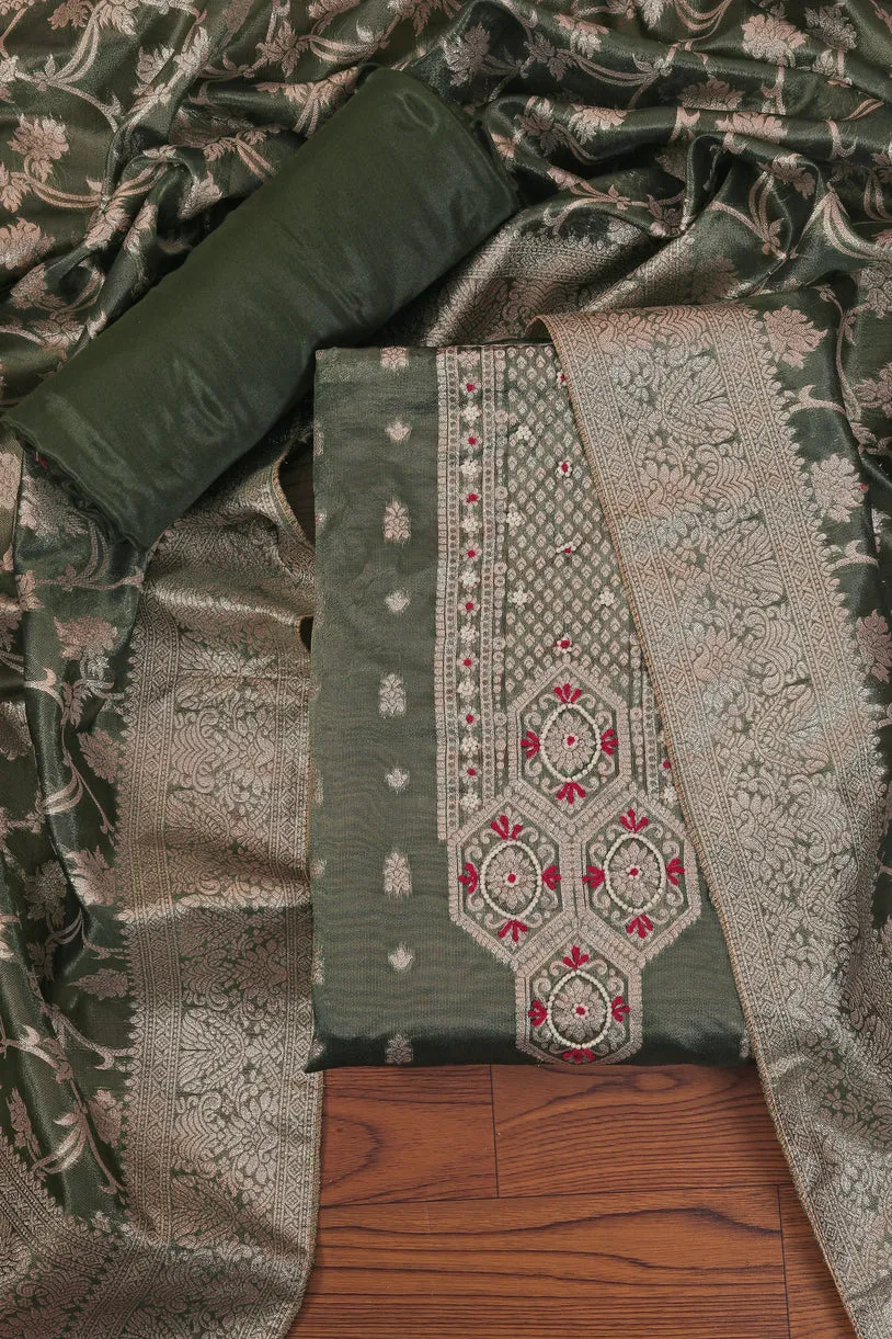 Green Embellished Zari Woven Dress Material with Dupatta