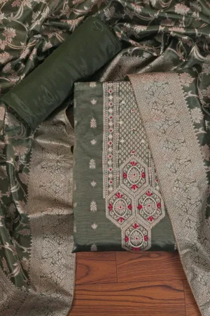 Green Embellished Zari Woven Dress Material with Dupatta