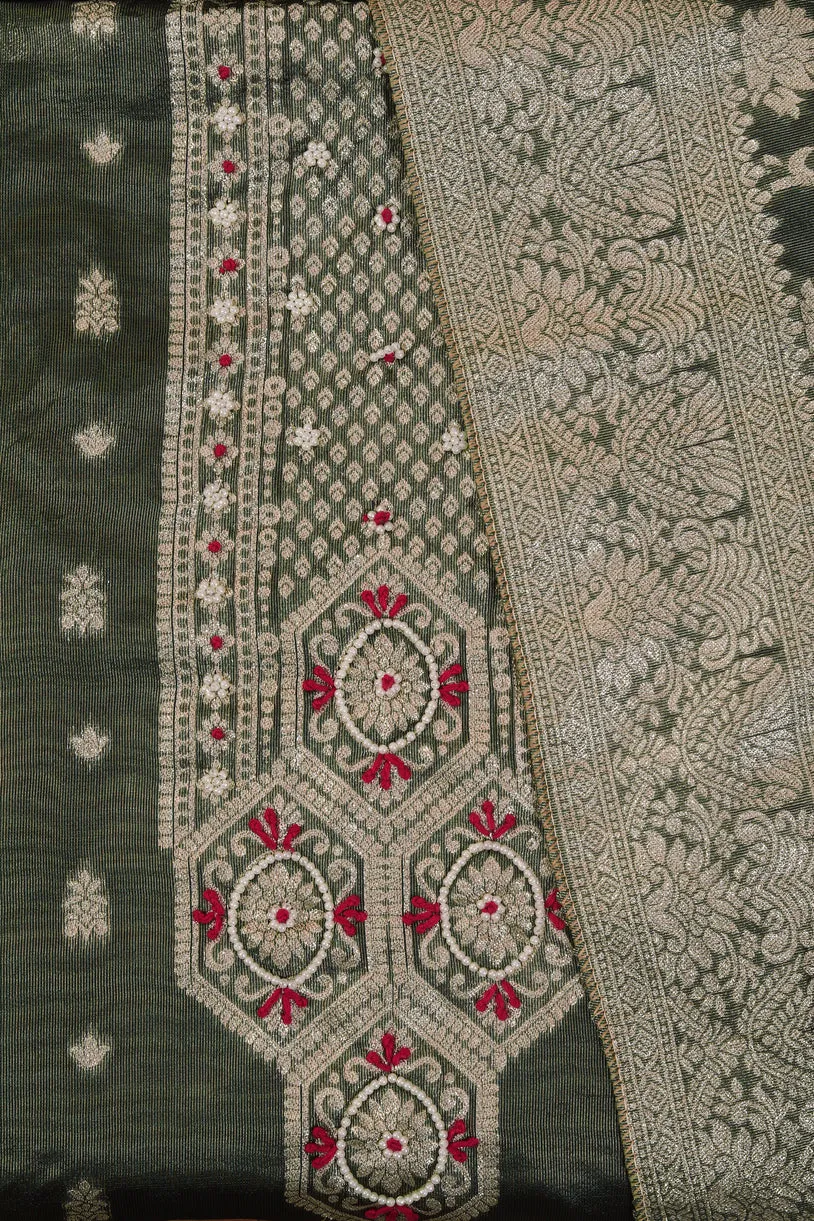 Green Embellished Zari Woven Dress Material with Dupatta