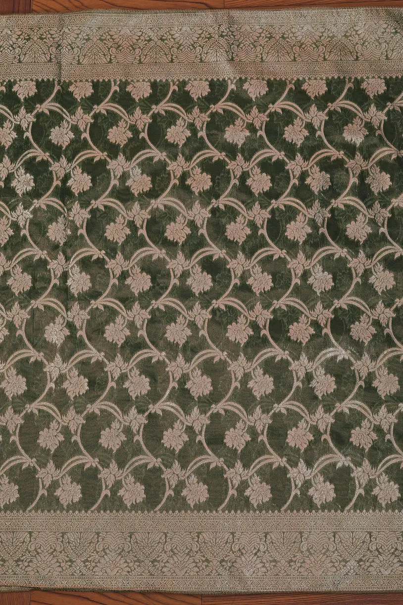 Green Embellished Zari Woven Dress Material with Dupatta