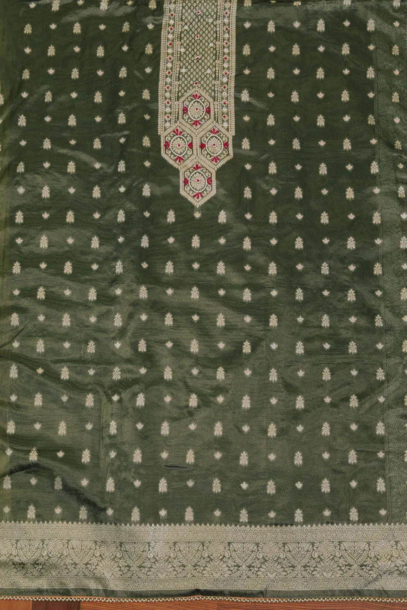 Green Embellished Zari Woven Dress Material with Dupatta