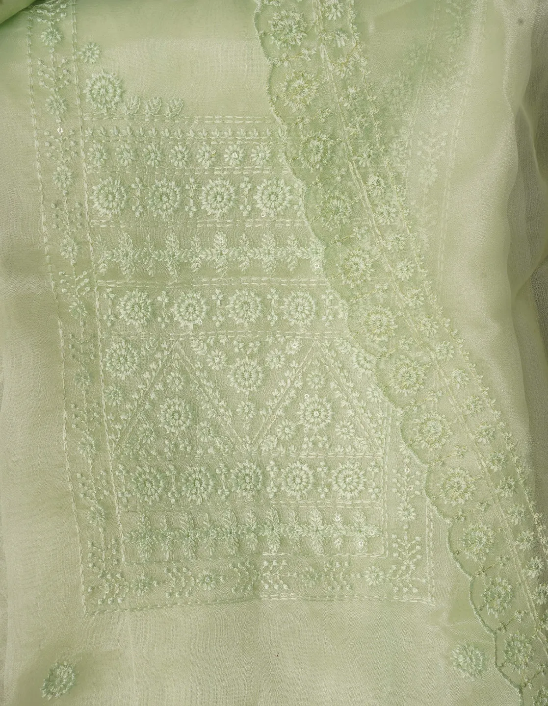 Green Unstitched Embroidered Organza Festive Dress Material With Dupatta
