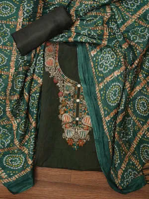 Green Unstitched Zari Silk Blend Dress Material With Dupatta
