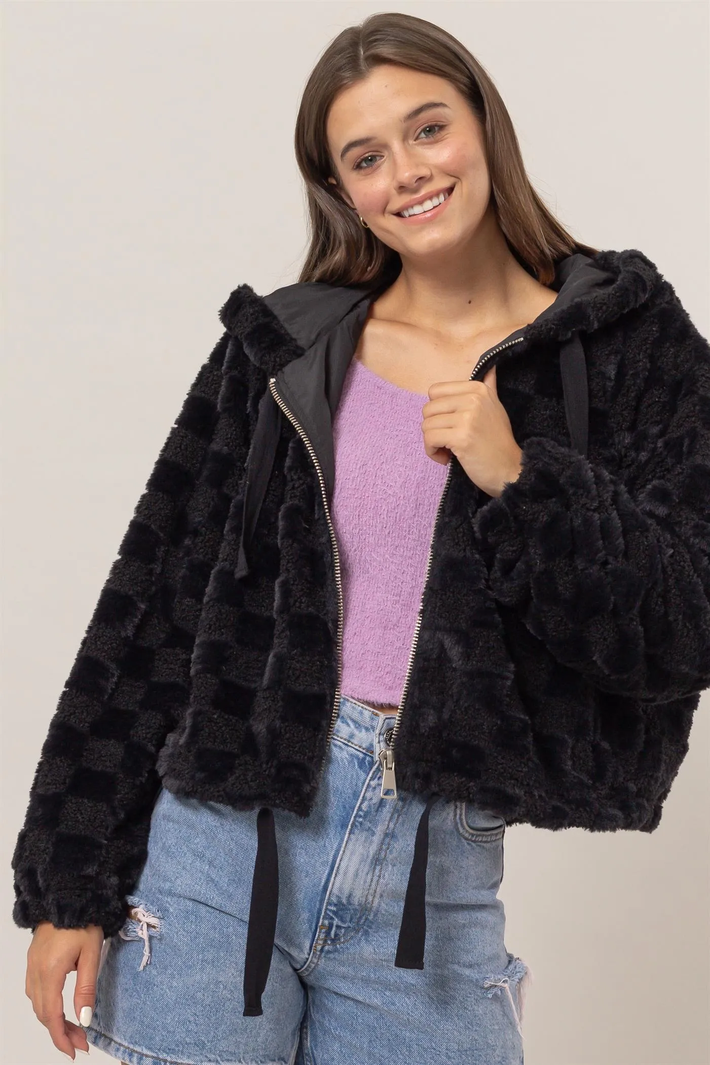 HF25C001-Sherpa Checkered Pattern Hood Jacket