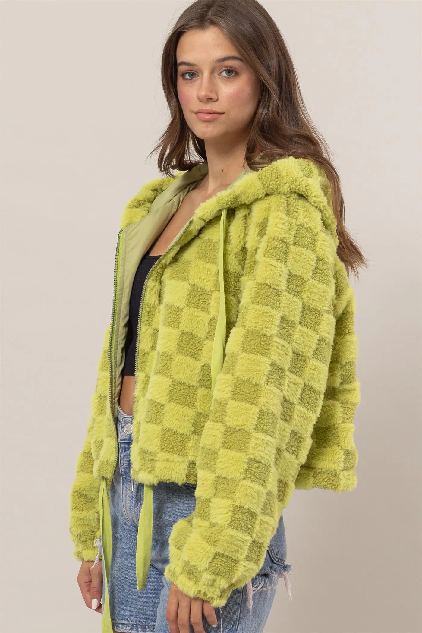 HF25C001-Sherpa Checkered Pattern Hood Jacket