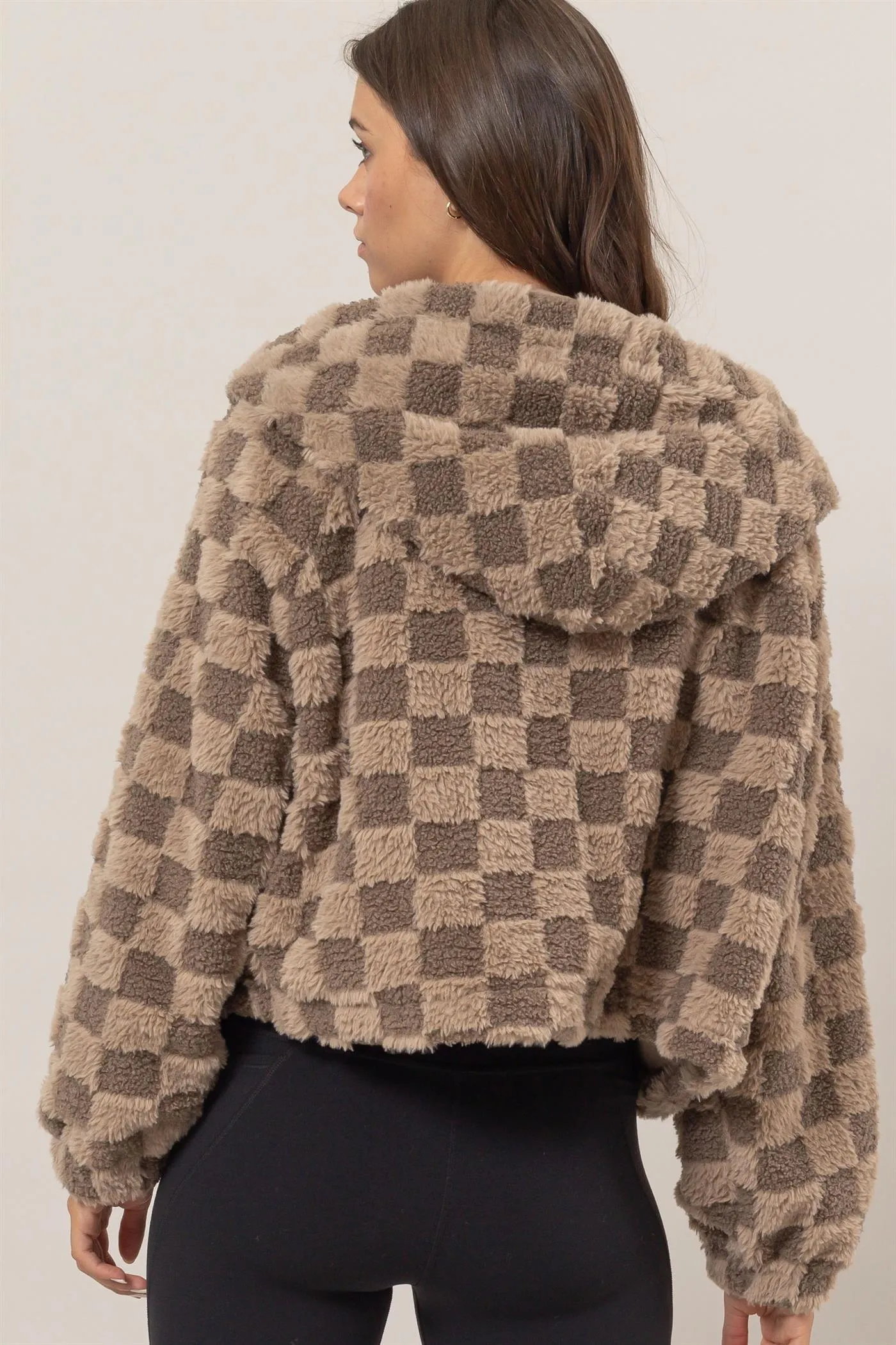 HF25C001-Sherpa Checkered Pattern Hood Jacket