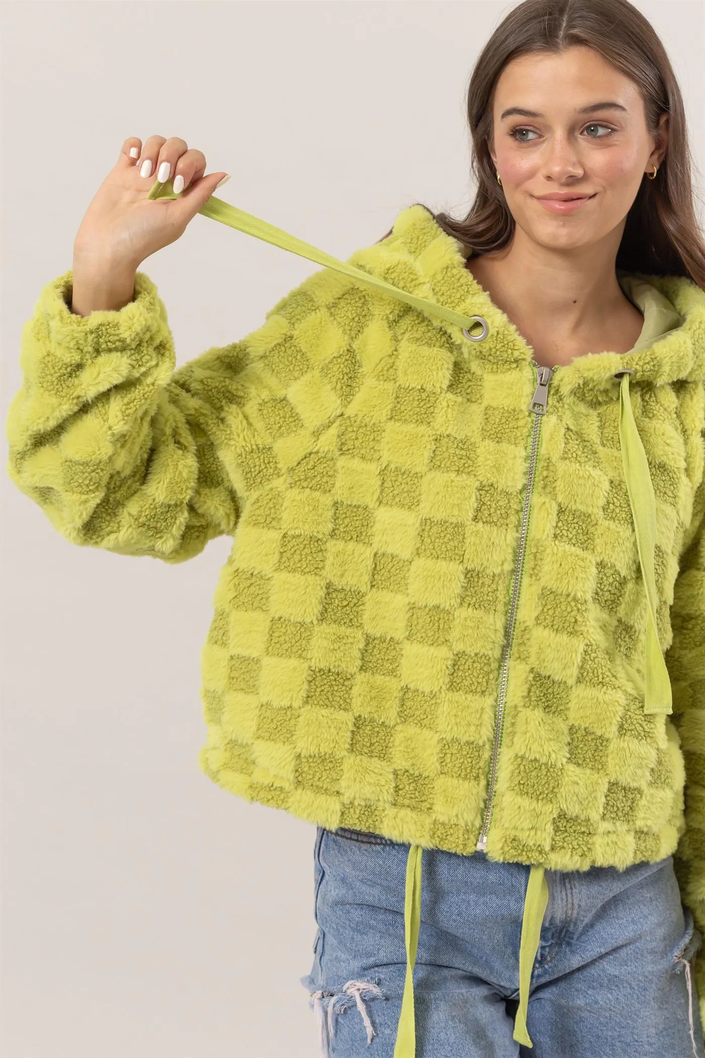 HF25C001-Sherpa Checkered Pattern Hood Jacket