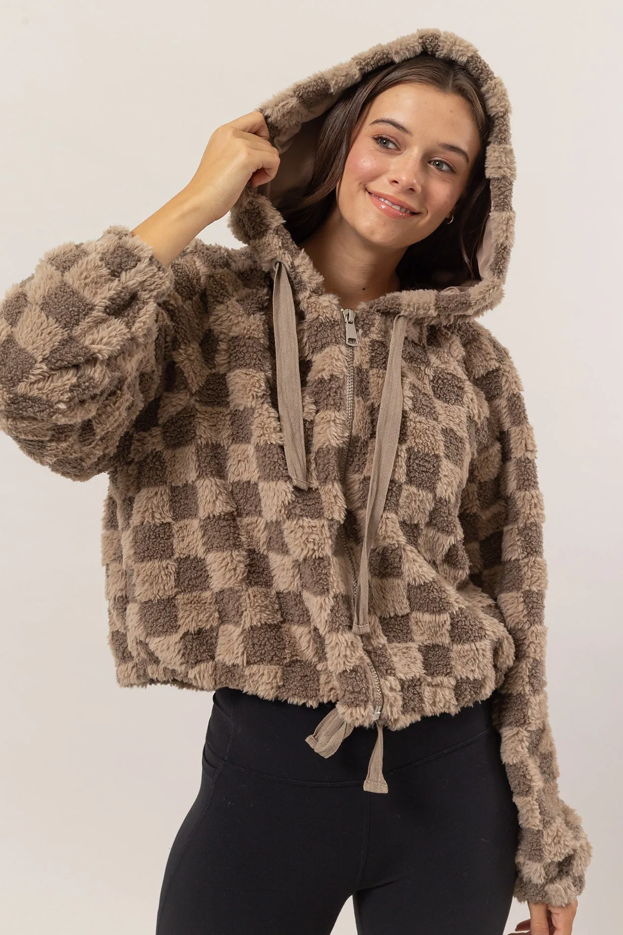 HF25C001-Sherpa Checkered Pattern Hood Jacket