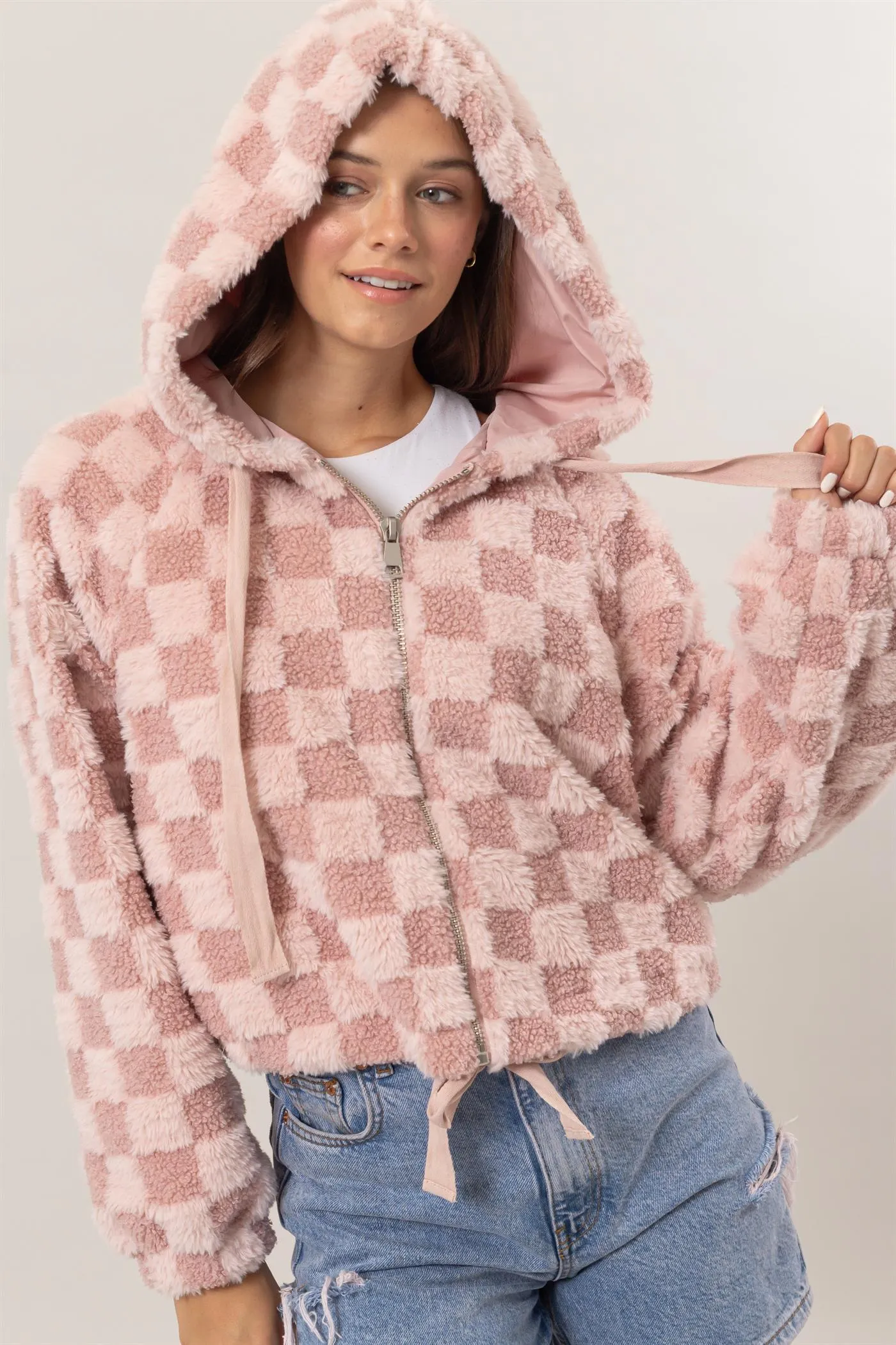 HF25C001-Sherpa Checkered Pattern Hood Jacket