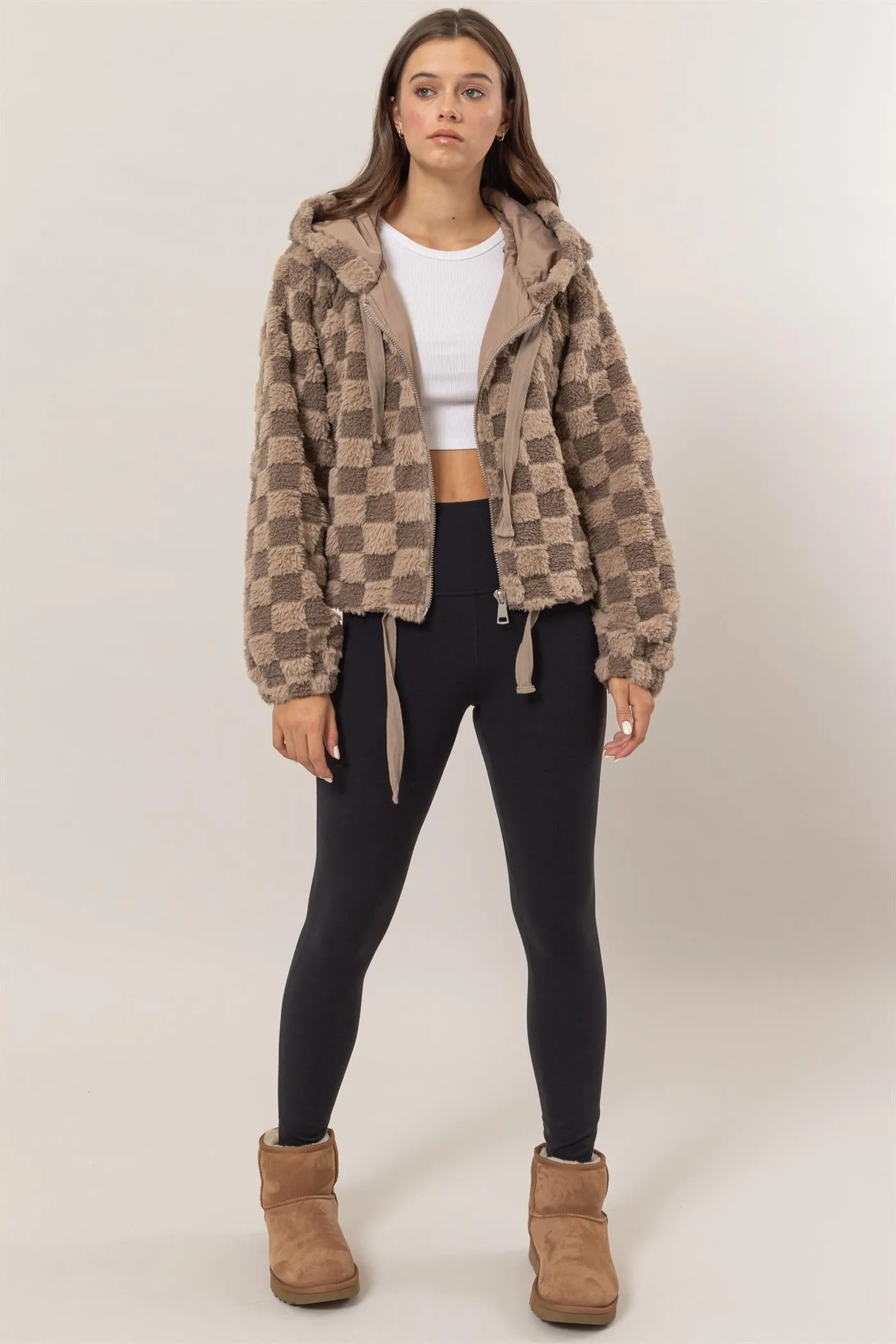 HF25C001-Sherpa Checkered Pattern Hood Jacket