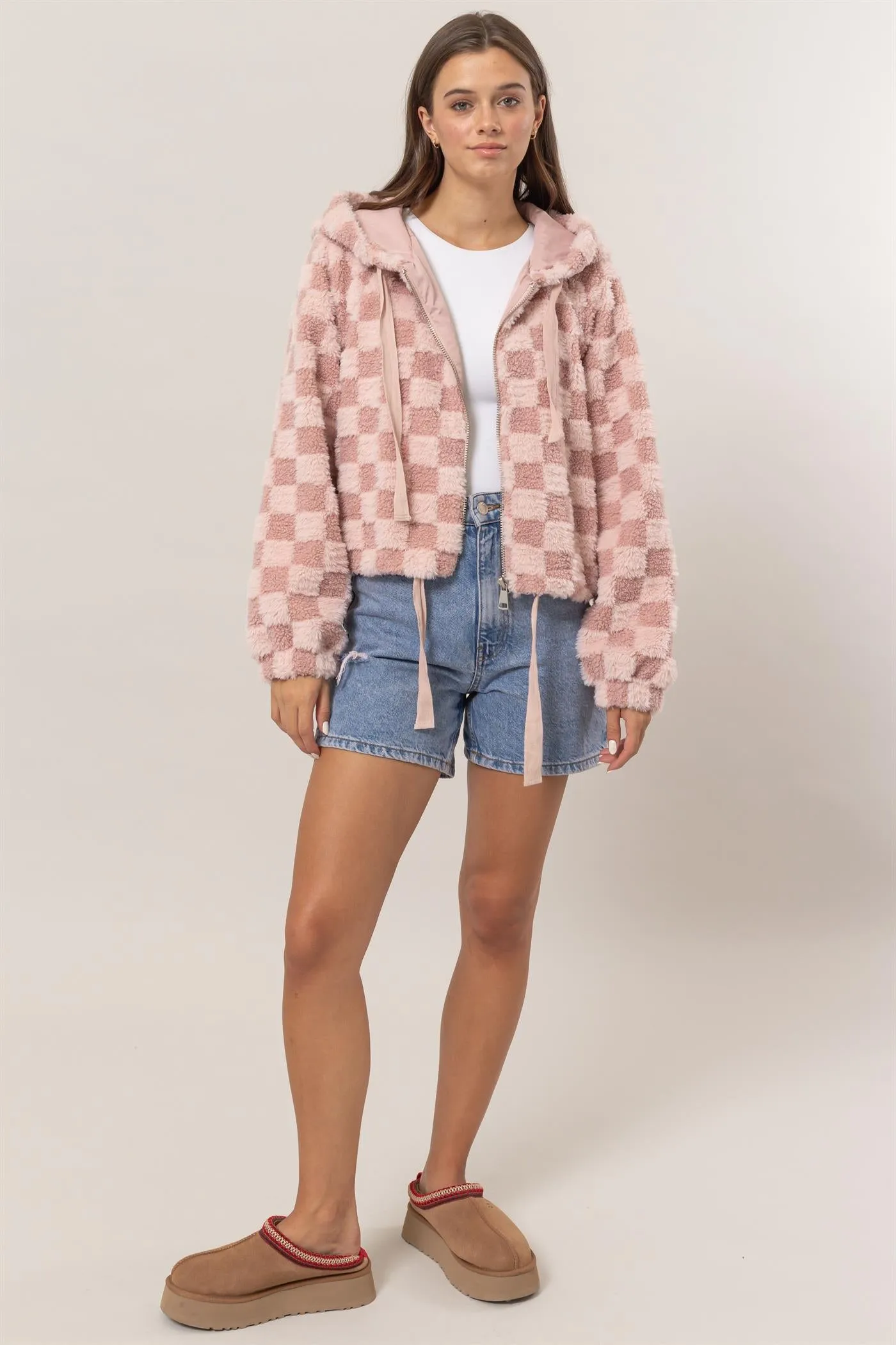 HF25C001-Sherpa Checkered Pattern Hood Jacket