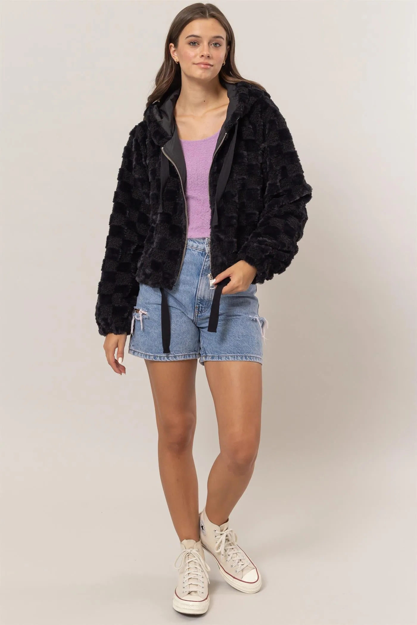 HF25C001-Sherpa Checkered Pattern Hood Jacket