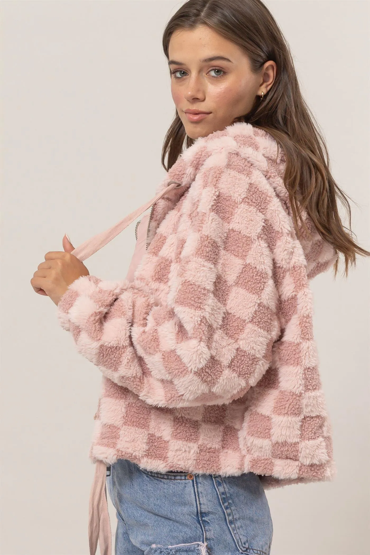 HF25C001-Sherpa Checkered Pattern Hood Jacket