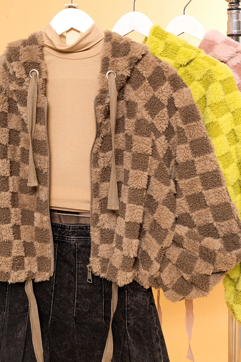 HF25C001-Sherpa Checkered Pattern Hood Jacket