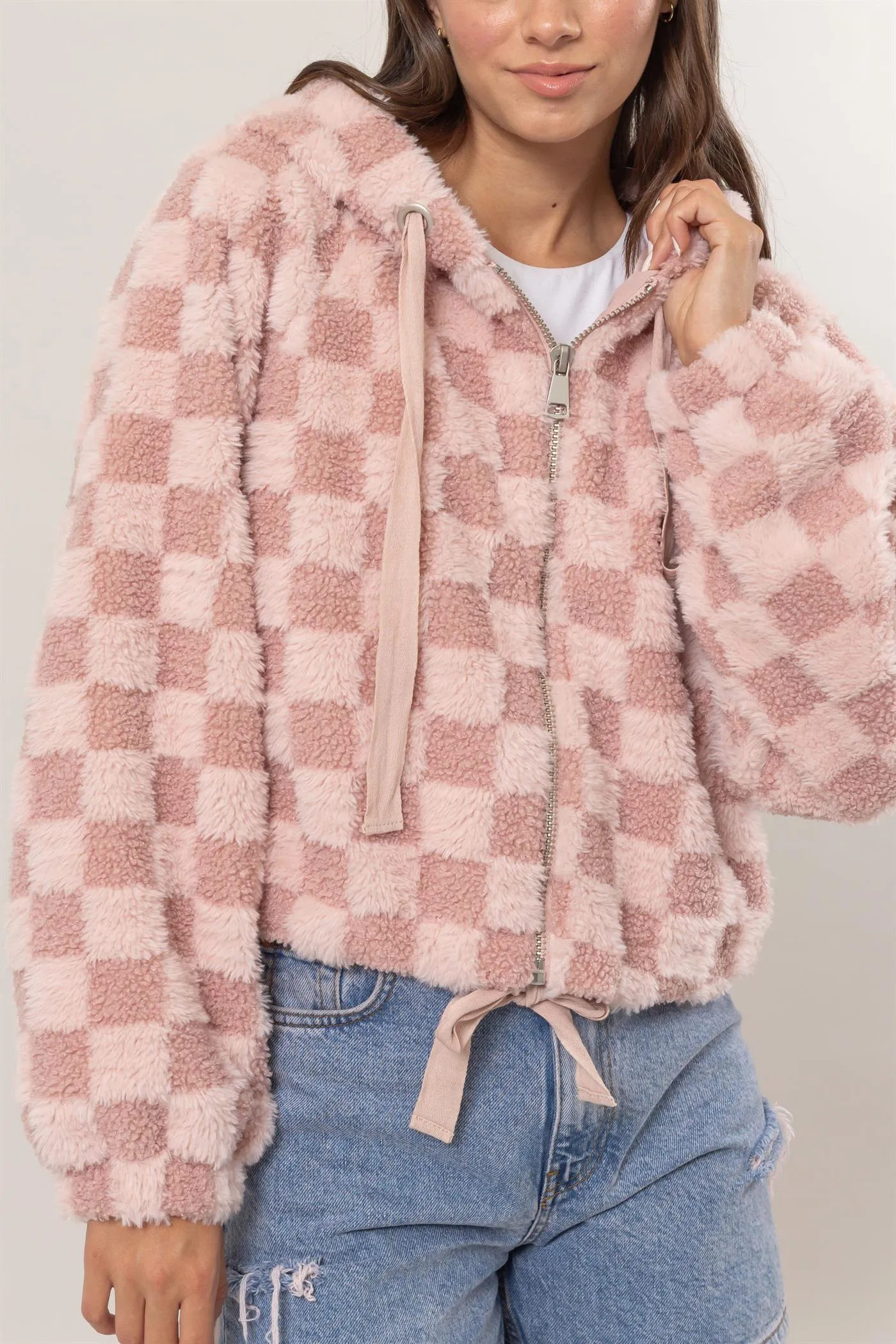 HF25C001-Sherpa Checkered Pattern Hood Jacket