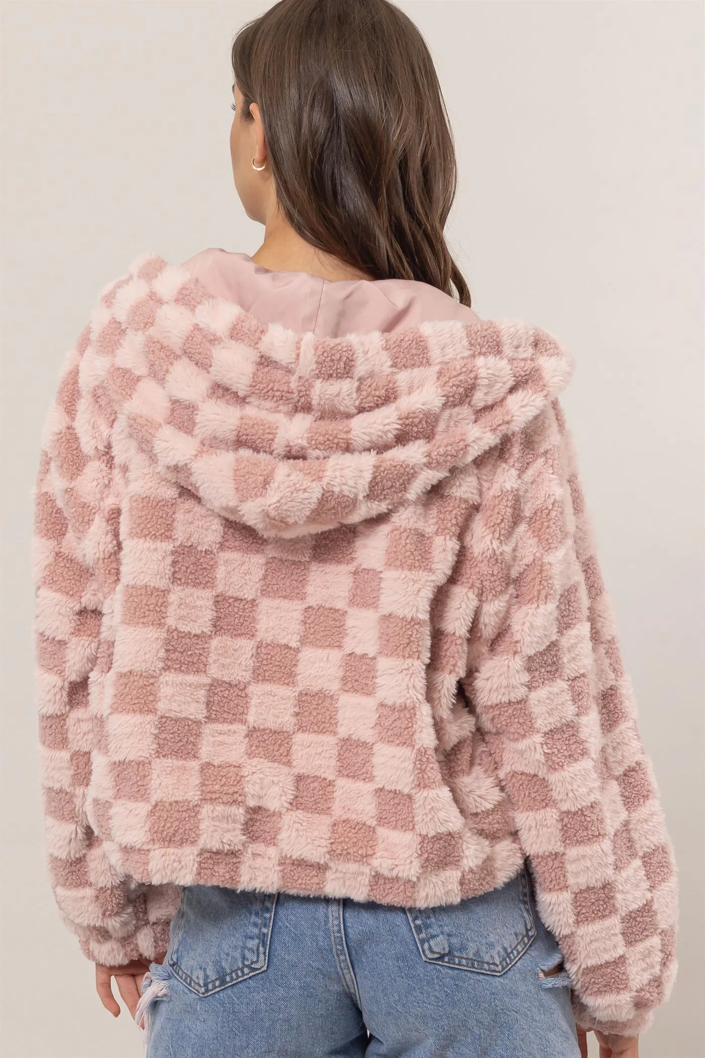 HF25C001-Sherpa Checkered Pattern Hood Jacket