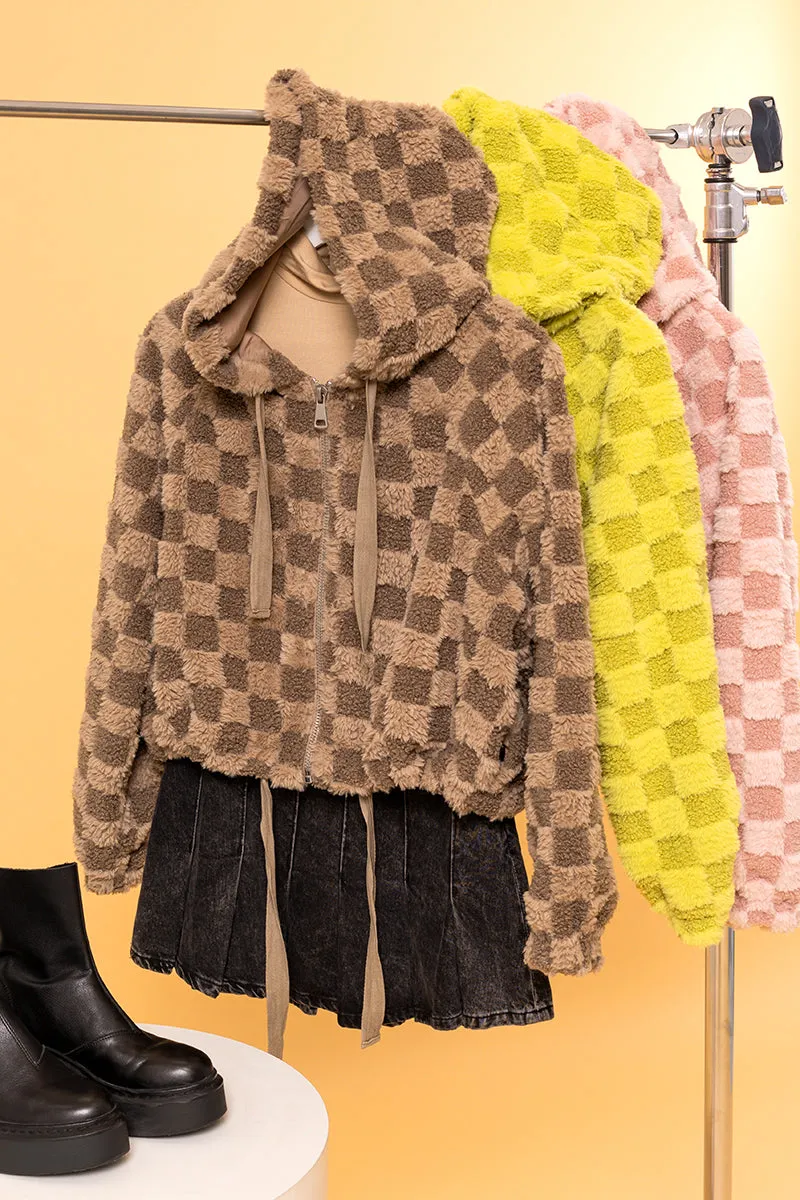 HF25C001-Sherpa Checkered Pattern Hood Jacket