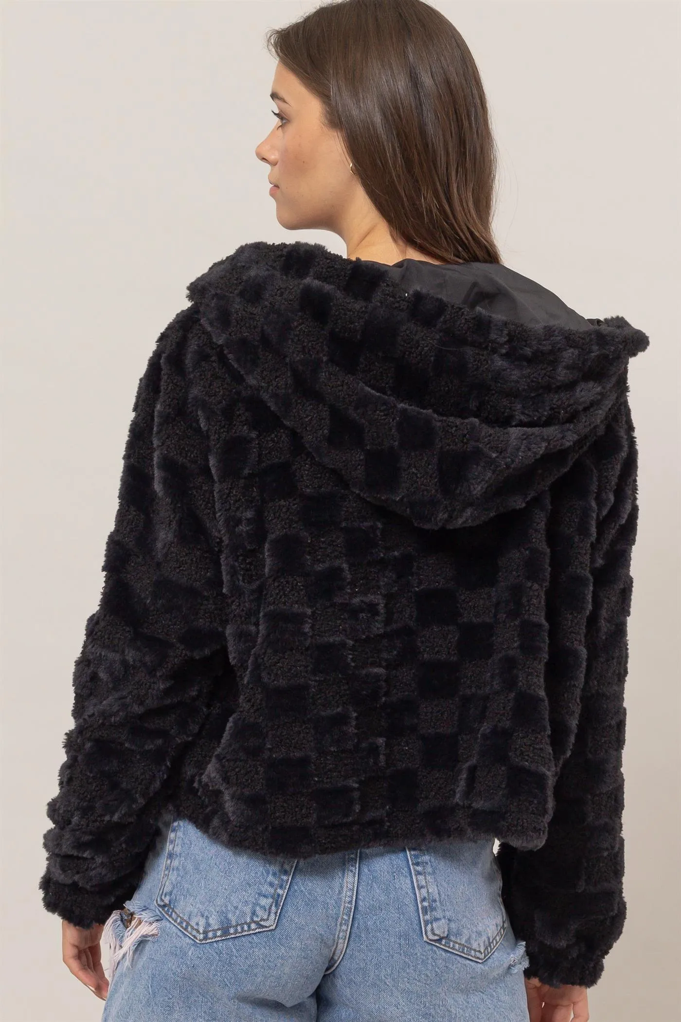 HF25C001-Sherpa Checkered Pattern Hood Jacket