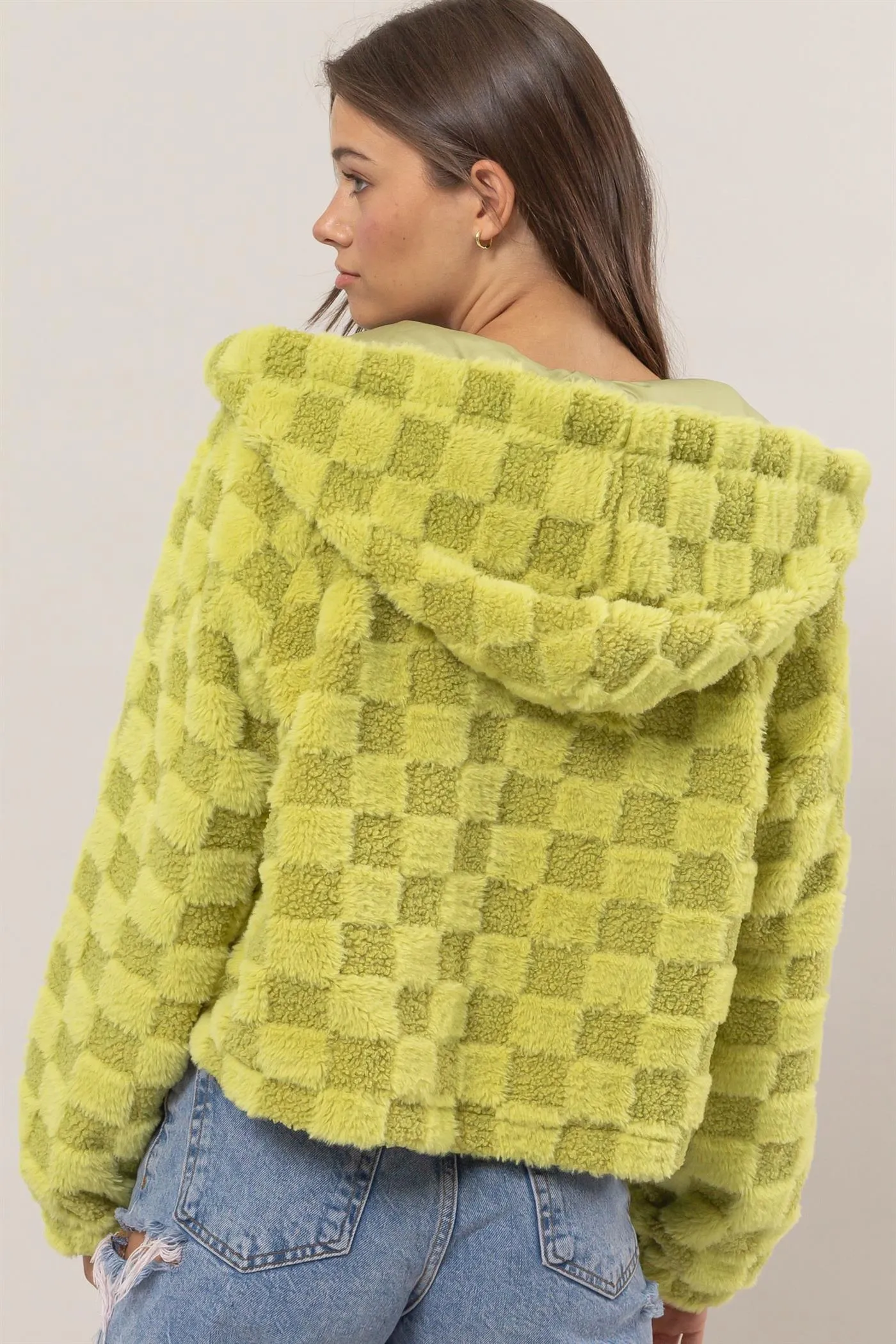 HF25C001-Sherpa Checkered Pattern Hood Jacket