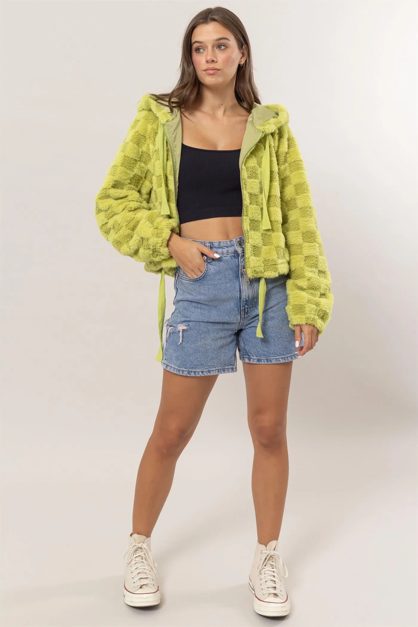 HF25C001-Sherpa Checkered Pattern Hood Jacket
