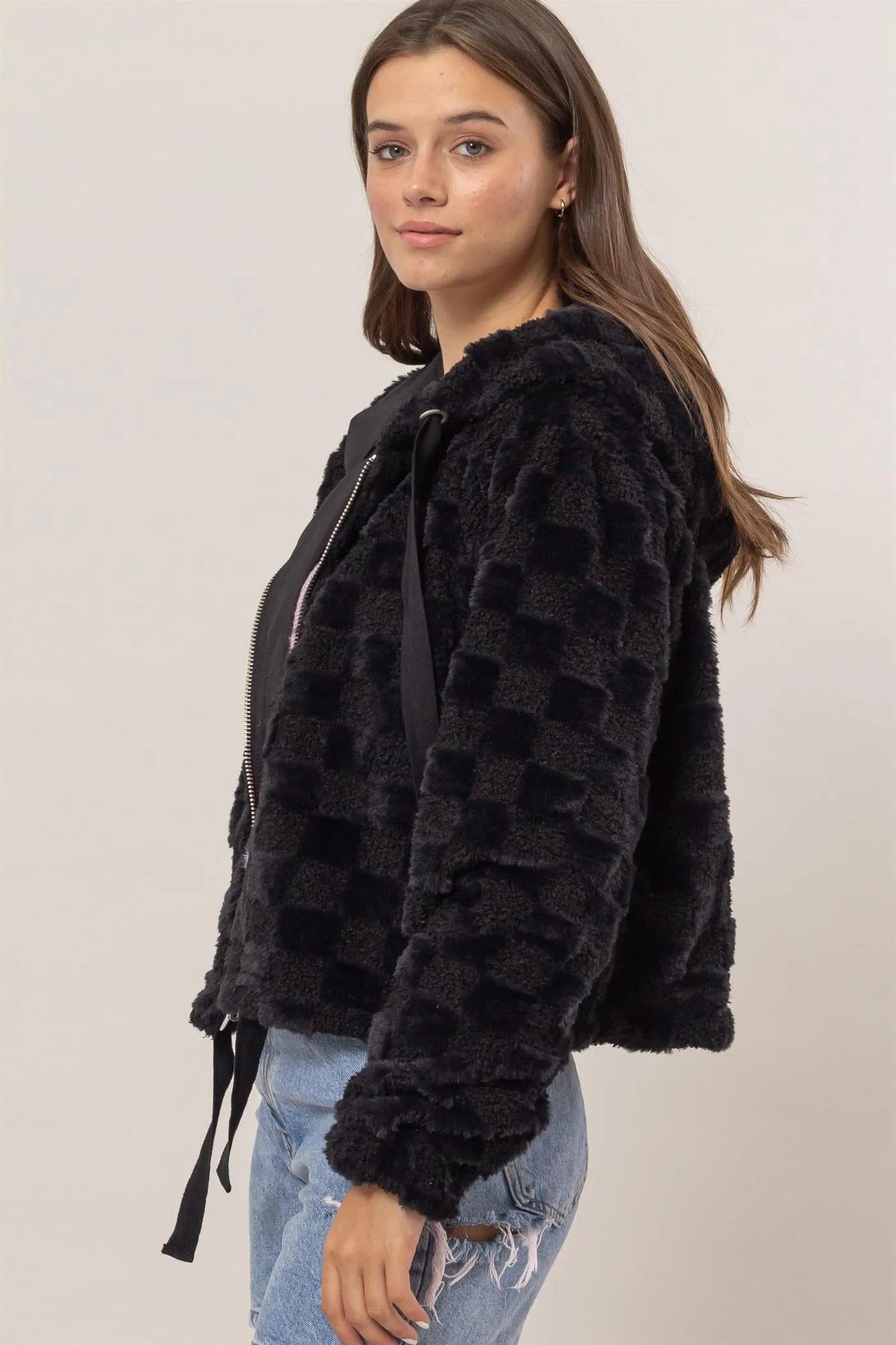 HF25C001-Sherpa Checkered Pattern Hood Jacket