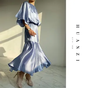 HUANZI custom designer acetic loose short-sleeved silky elegant dress -Leila Sea