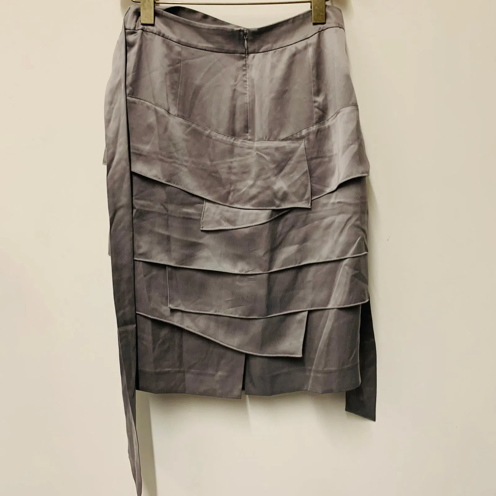JAEGER Grey Gunmetal Ladies Silk Belted Layered A-Line Skirt Size UK 10
