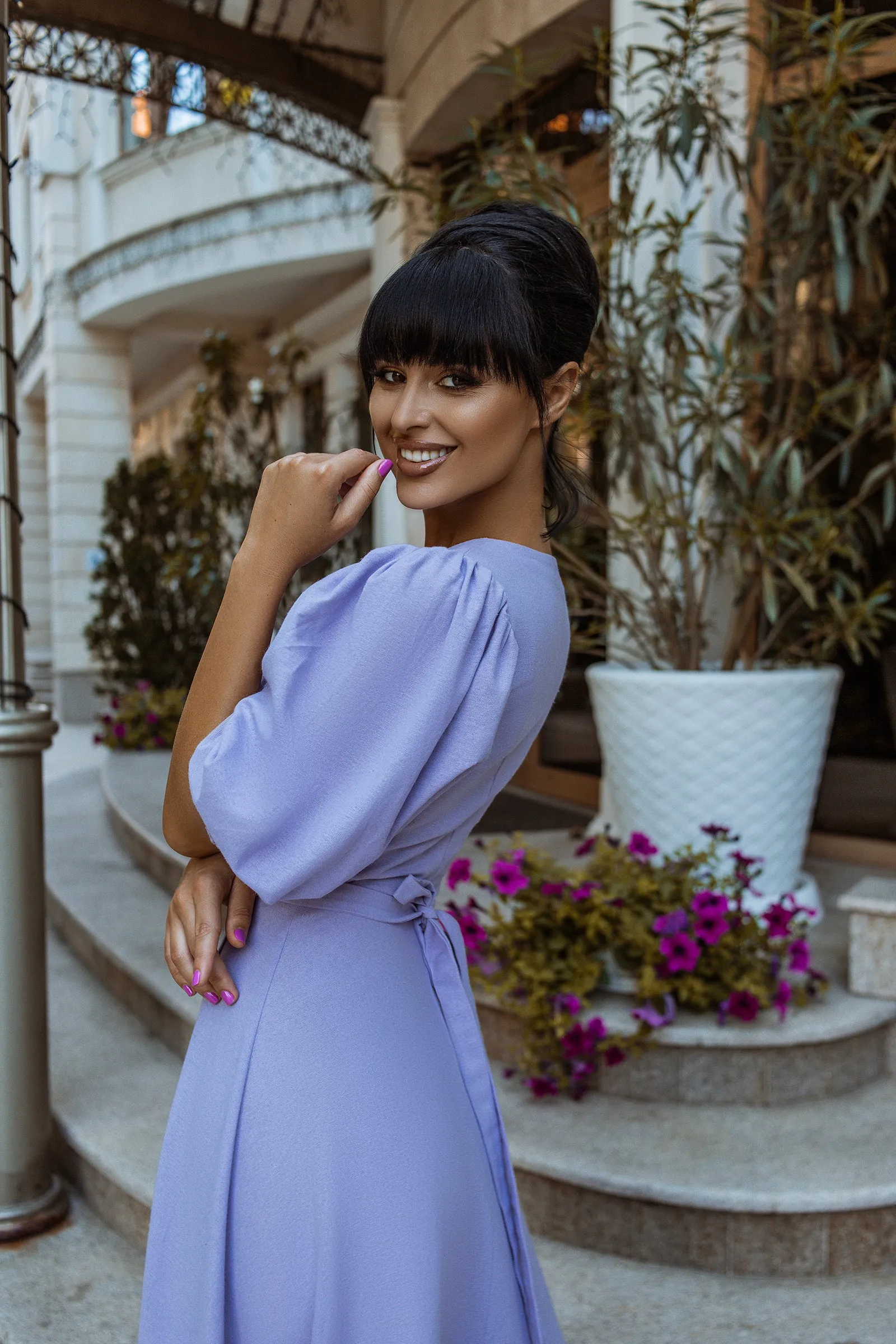 Lavender Puff-Sleeve Wrap Midi Dress