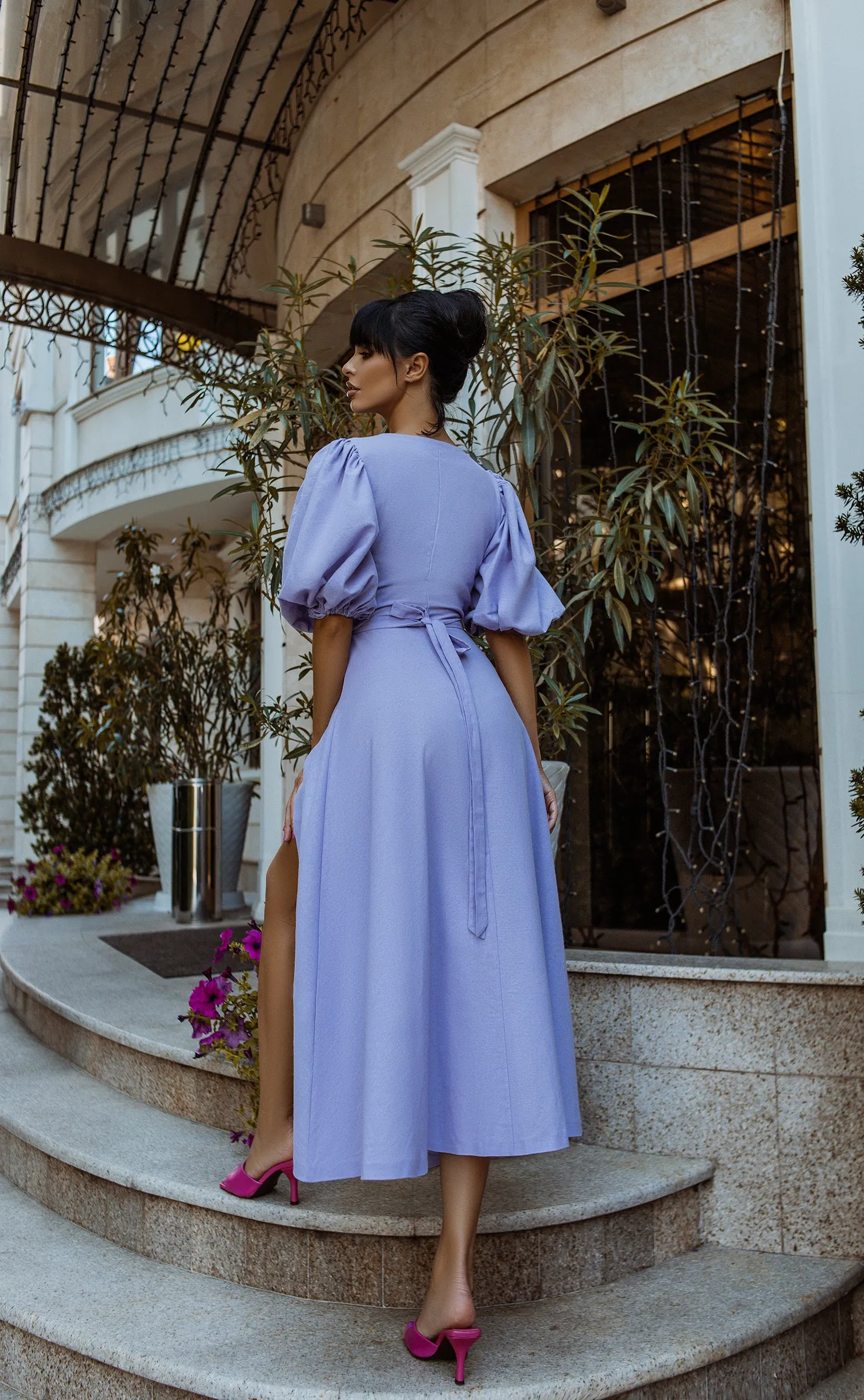 Lavender Puff-Sleeve Wrap Midi Dress