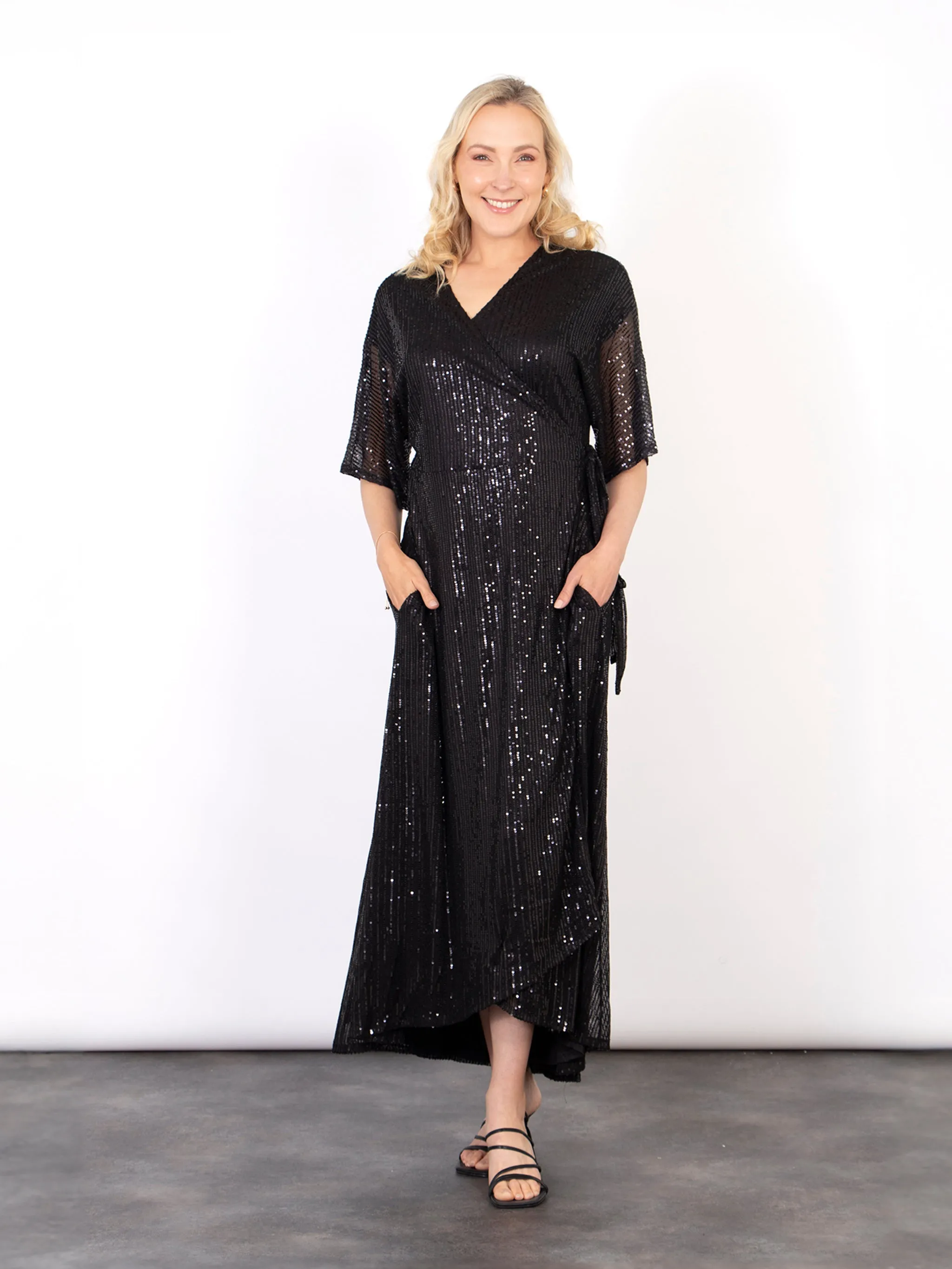 Liv Wrap Dress - Black, Sequin