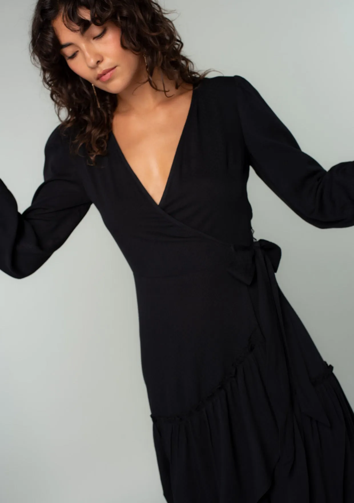Long Sleeve Ruffle Tiered Maxi Wrap Dress