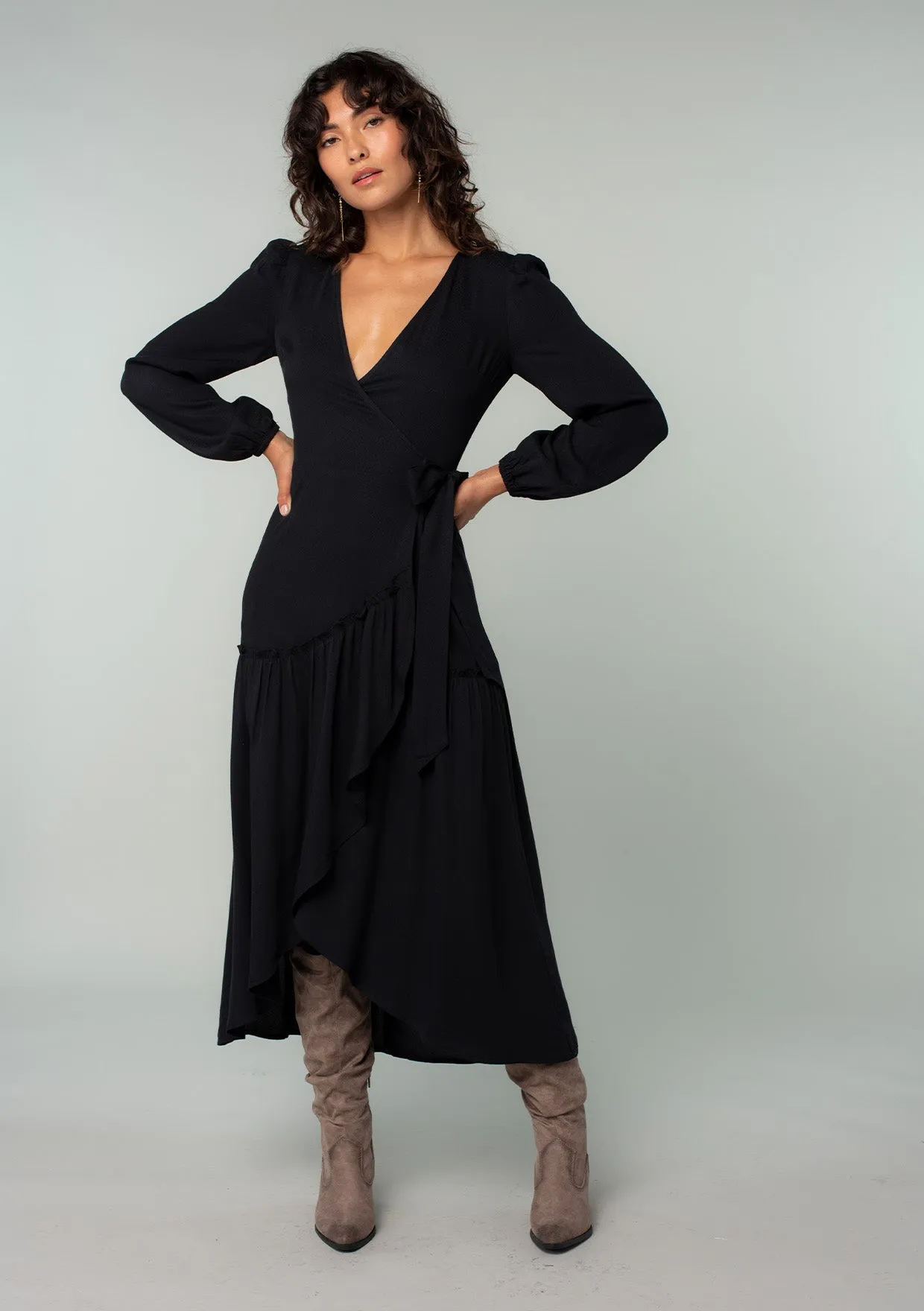 Long Sleeve Ruffle Tiered Maxi Wrap Dress