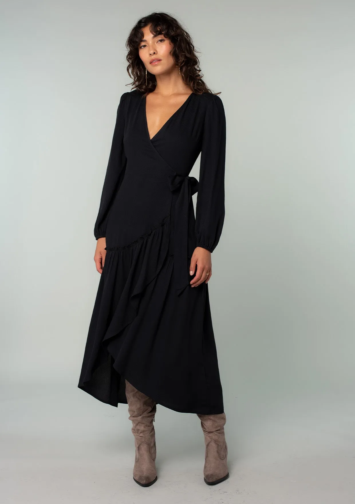 Long Sleeve Ruffle Tiered Maxi Wrap Dress